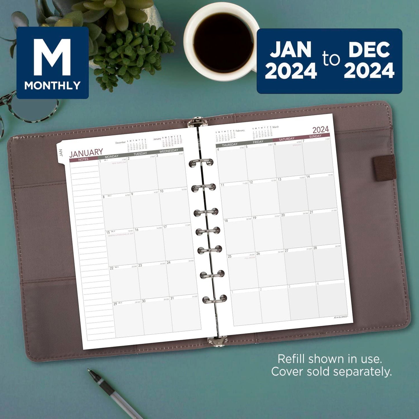 AT-A-GLANCE 2024 Planner Refill, Weekly, 5-1/2" x 8-1/2", Desk Size 4, Loose-Leaf (061-285Y-24)