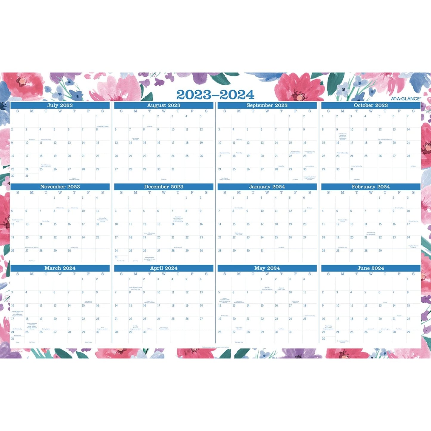 AT-A-GLANCE 2023-2024 Erasable Wall Calendar, 24" x 36", Large, Academic & Regular Year, Dry Erase, Reversible, Vertical/Horizontal, Badge Floral (1664F-550SB)