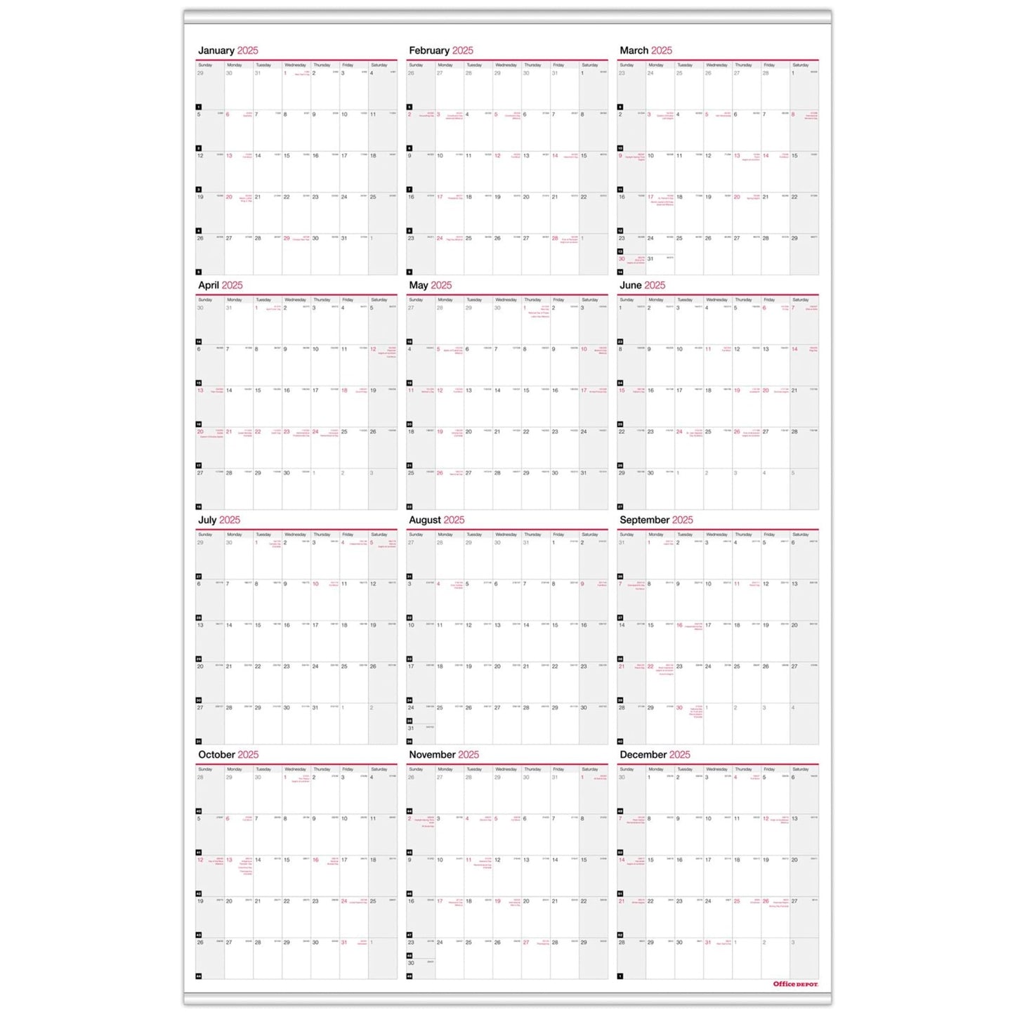 2025 Office Depot Brand Yearly Wall Calendar, 24" x 36", Traditional, January 2025 to December 2025, OD301428