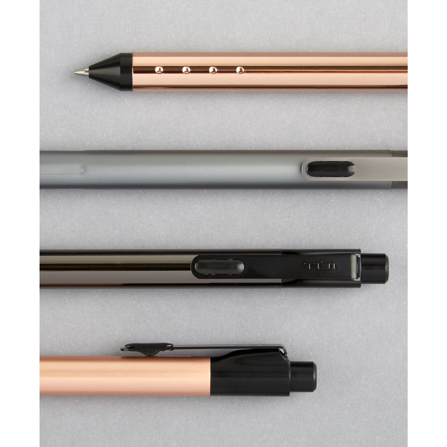TUL® Fine Writing Solid Metal Barrel Retractable Ballpoint Pen With 2 Refills, Medium Point, 1.0 mm, Rose Gold Barrel, Black/Blue Ink