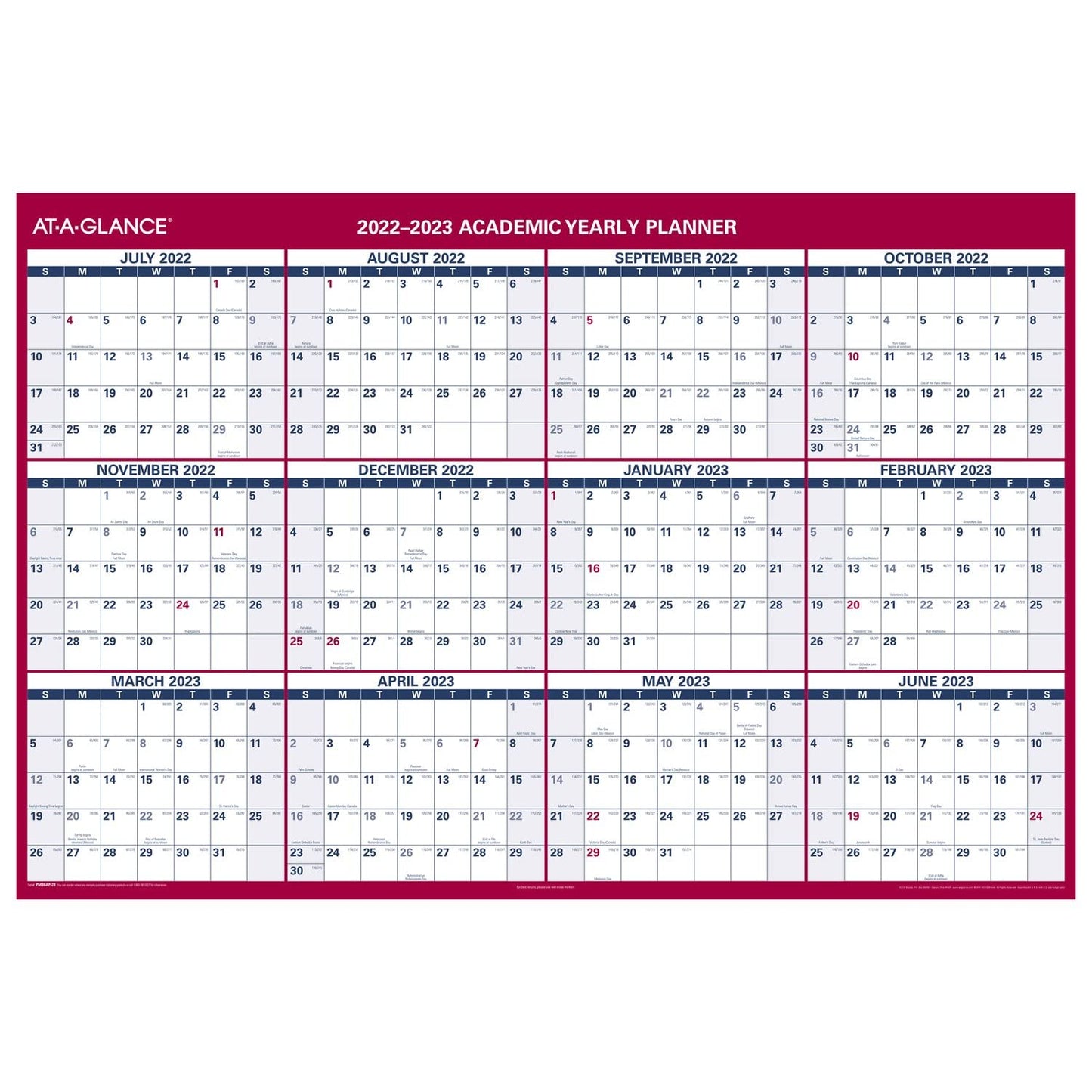 AT-A-GLANCE 2022-2023 Erasable Calendar, Dry Erase Wall Planner, 48" x 32", Jumbo, Academic & Regular Year, Double Sided, Horizontal (PM326S28)