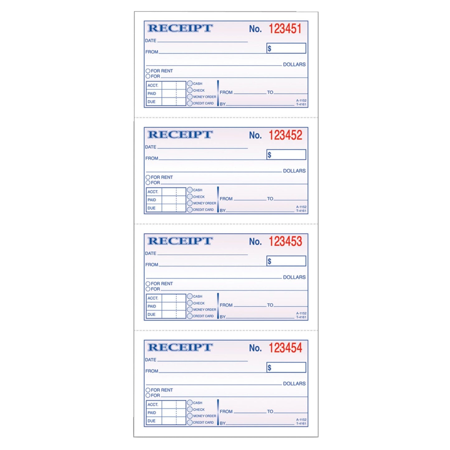 Adams Money and Rent Receipt, Carbonless, 5.25 x 11 Inches, White and Canary, 2-Parts, 4 Sets per Page, 200 Sets per Book (DC1152)