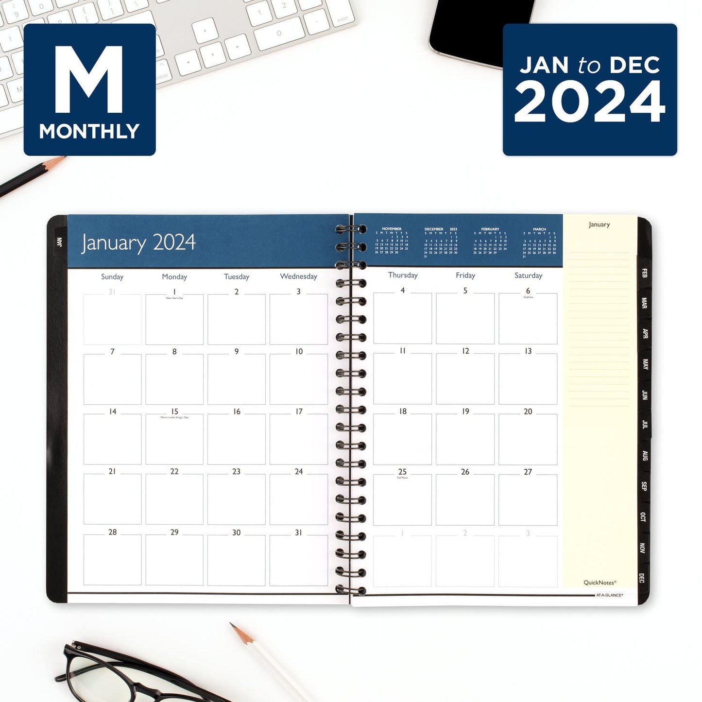 AT-A-GLANCE 2024 Weekly & Monthly Planner, 8" x 11", Large, QuickNotes, Black (7603520524)