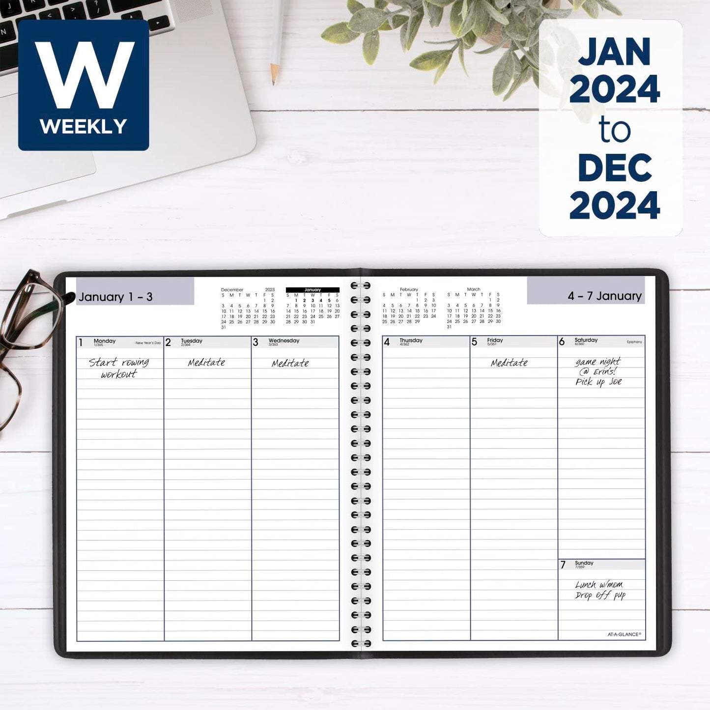 AT-A-GLANCE 2024 Weekly Planner, DayMinder, Column-Style, 7" x 8-3/4", Medium, Faux Leather, Black (G5900024)
