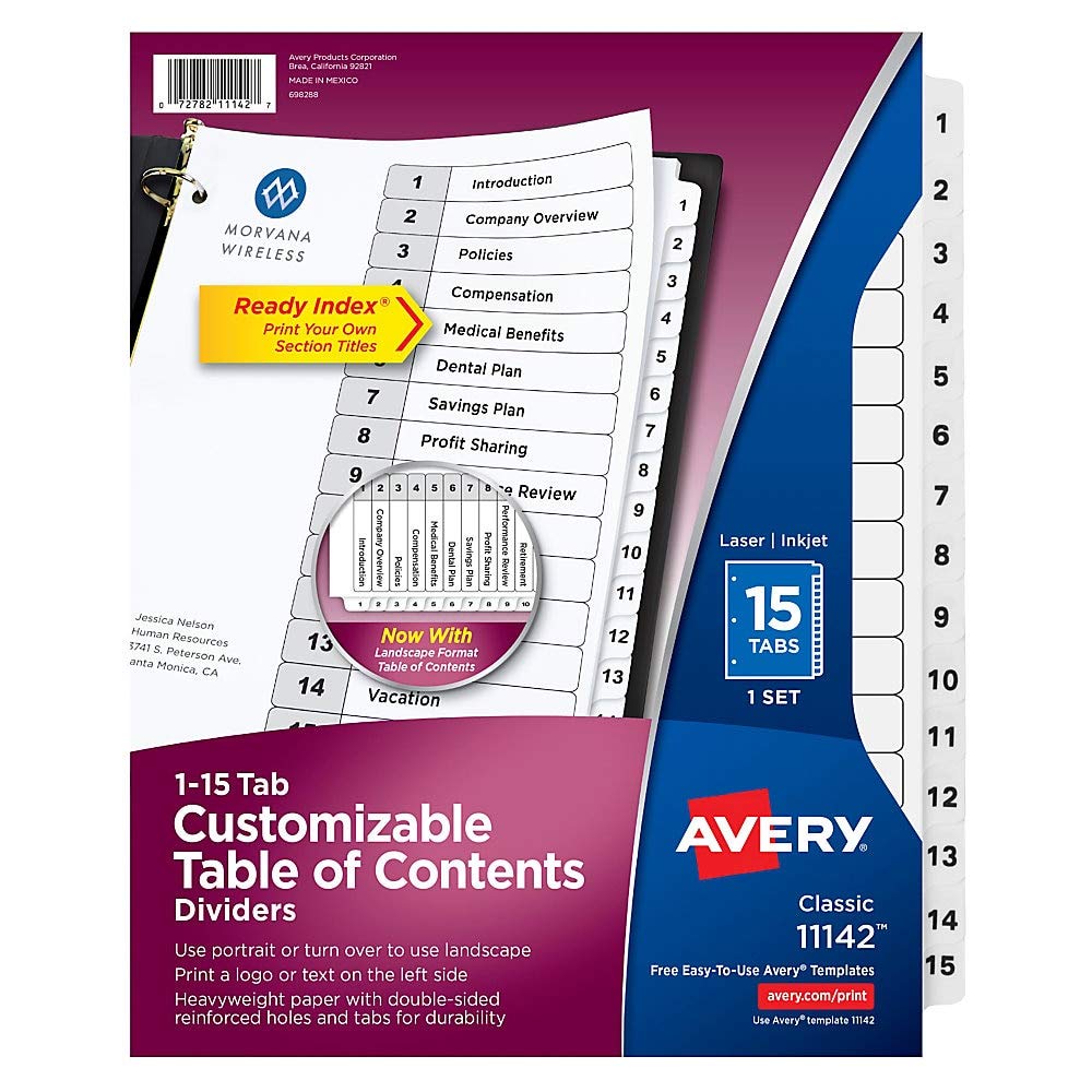 Avery 11142 Ready Index Toc Dividers, Tabs 1-15, Letter Size, White, 15 Tabs/St
