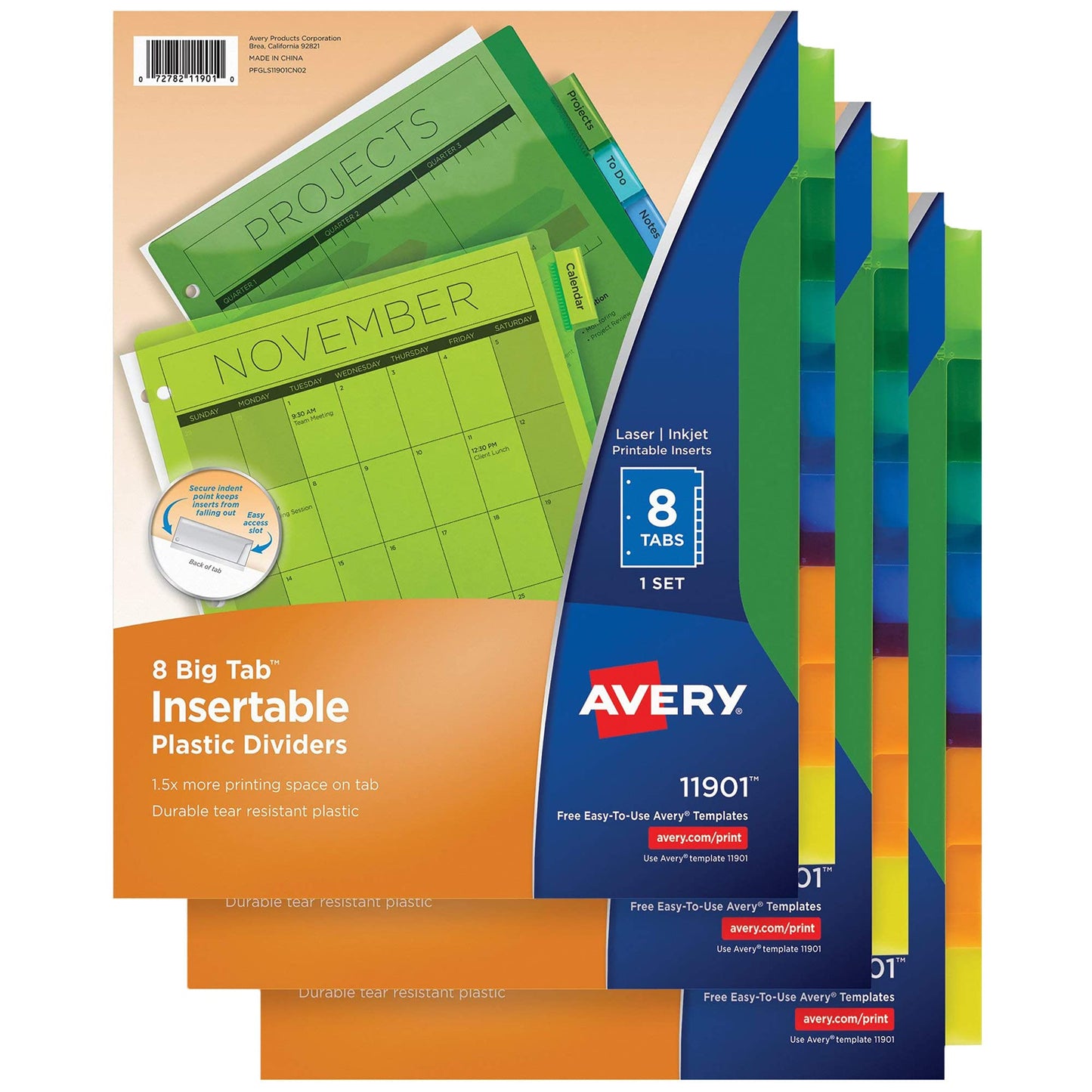 Avery Big Tab Insertable Plastic Dividers for 3 Ring Binders, 8-Tab Sets, Multicolor, 3 Sets (11901)