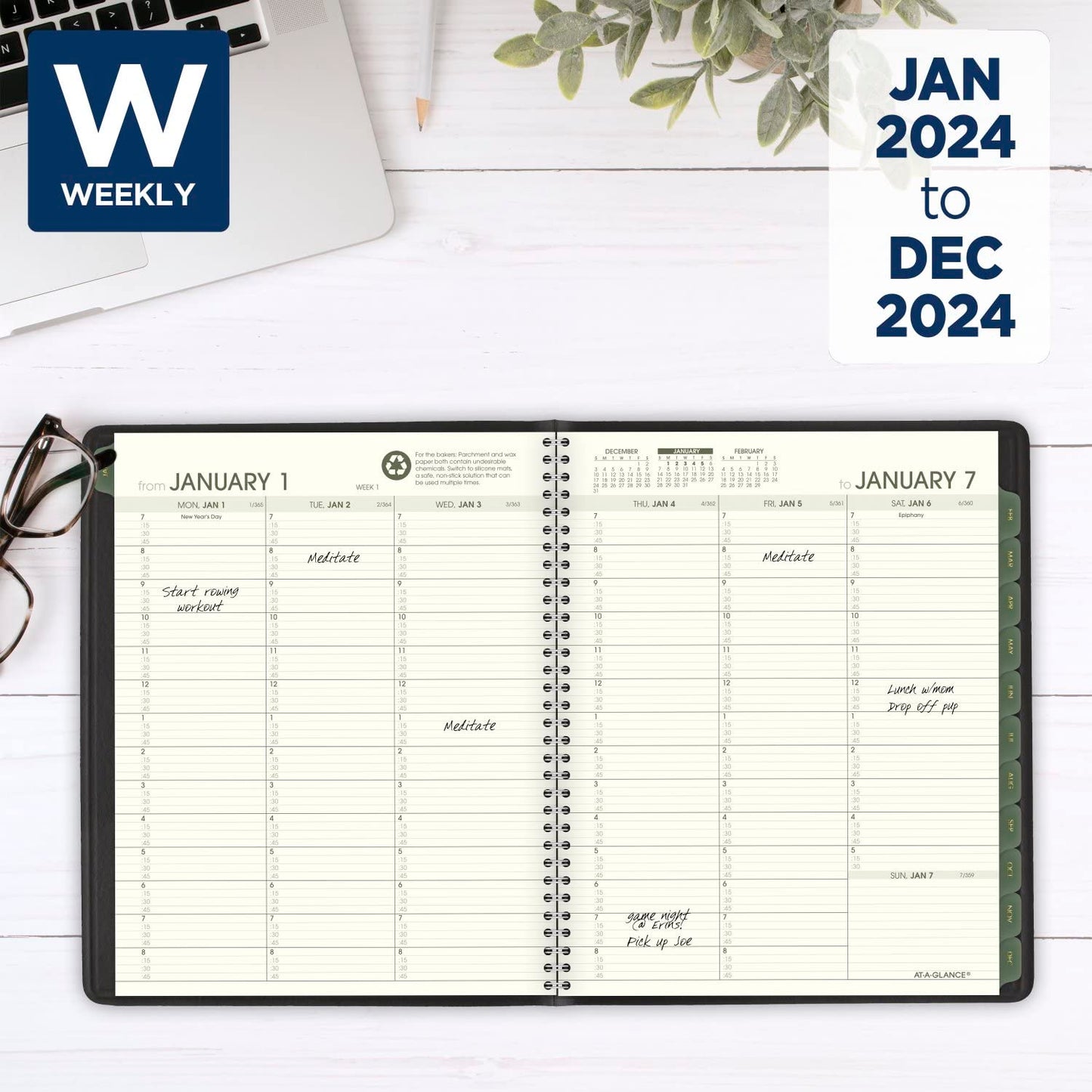 AT-A-GLANCE 2024 Weekly & Monthly Planner, Quarter-Hourly Appointment Book, 7" x 8-3/4", Medium, Recycled, Monthly Tabs, Black (70951G0524)