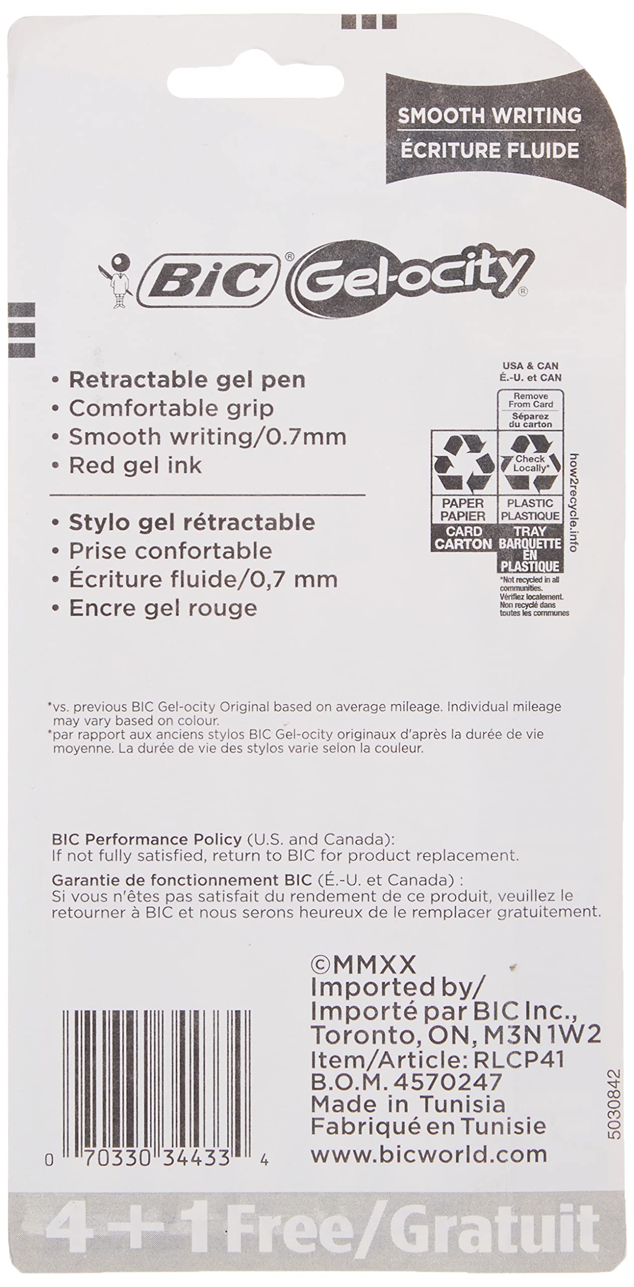 BIC Retractable Gel Ink Rollerball Pen, Medium Point, 0.7mm, Translucent Red Barrel, Ink, Pack of 4 - RLCP41-A-RED