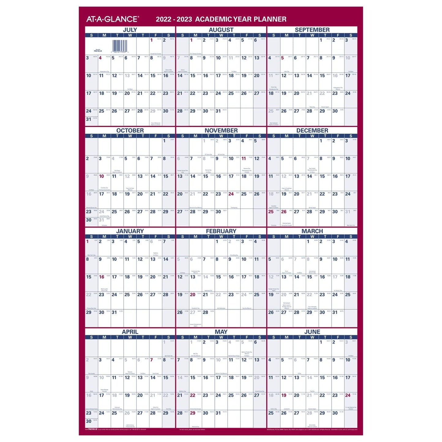 AT-A-GLANCE 2022-2023 Erasable Calendar, Dry Erase Wall Planner, 24" x 36", Large, Academic & Regular Year, Double Sided, Vertical (PM210S28)