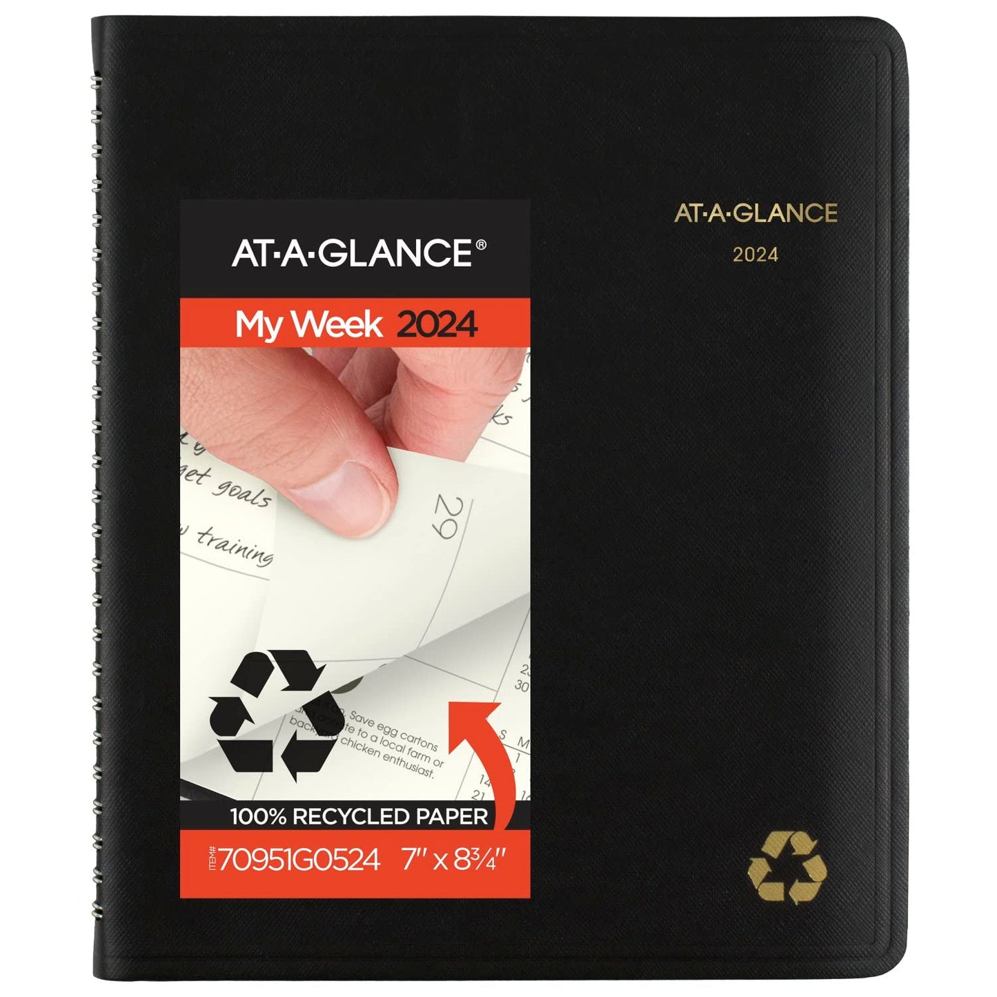 AT-A-GLANCE 2024 Weekly & Monthly Planner, Quarter-Hourly Appointment Book, 7" x 8-3/4", Medium, Recycled, Monthly Tabs, Black (70951G0524)