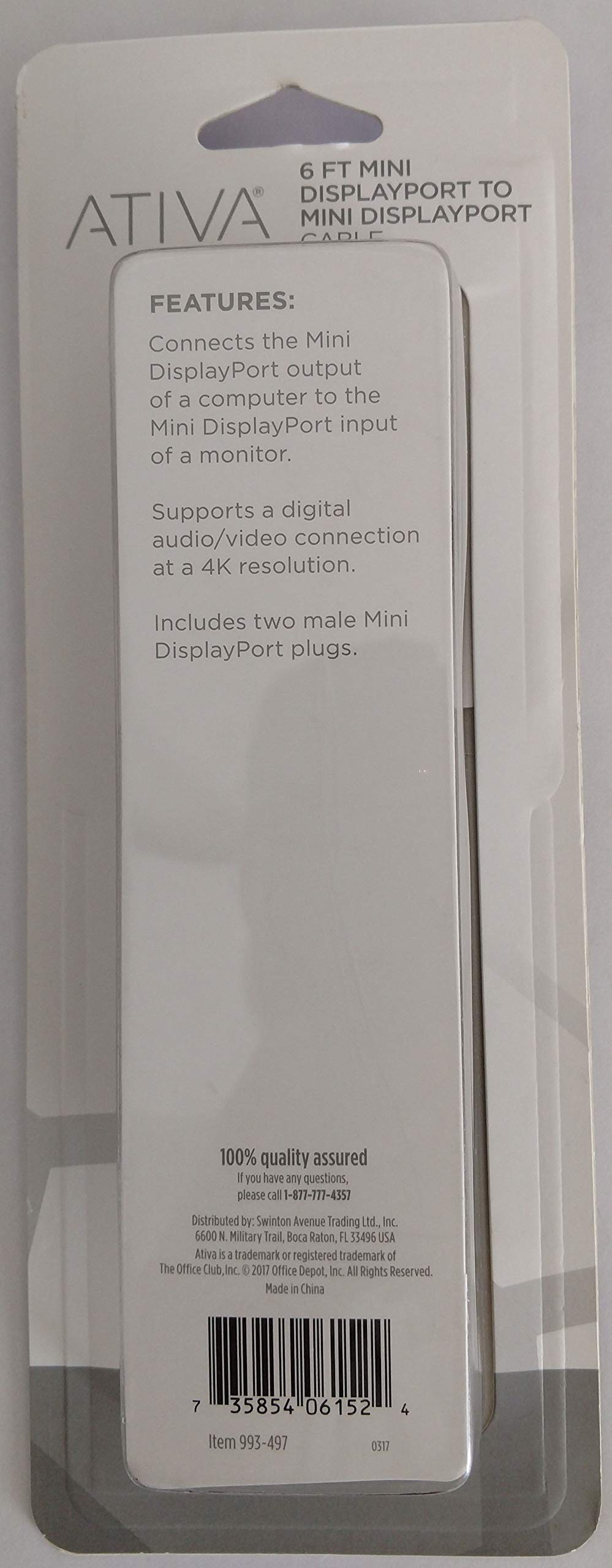 ATIVA Mini DisplayPort to Mini DisplayPort Cable, 6�, Black, 36544