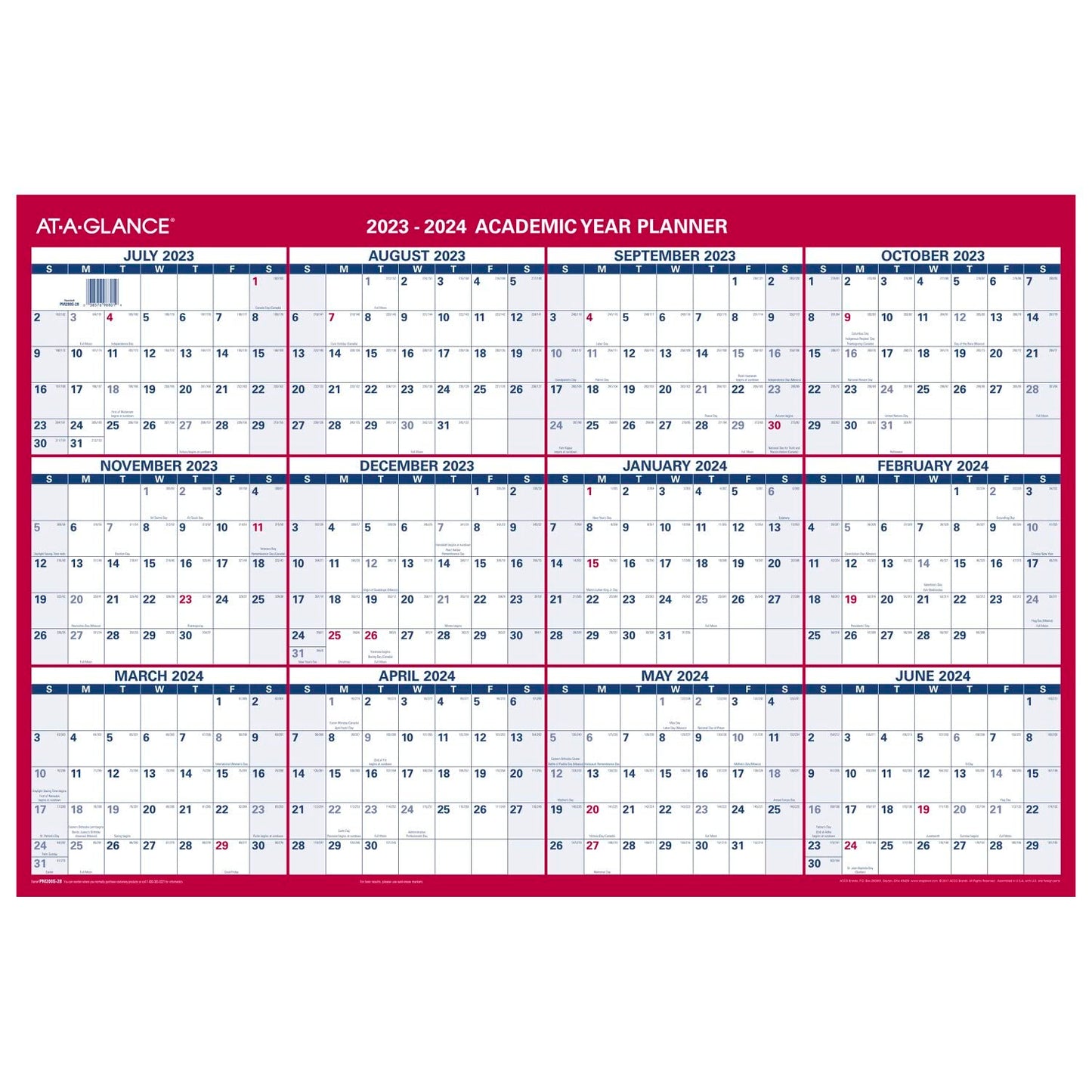 AT-A-GLANCE 2023-2024 Erasable Calendar, Dry Erase Wall Planner, 36" x 24", Large, Academic & Regular Year, Double Sided, Horizontal (PM200S2824)