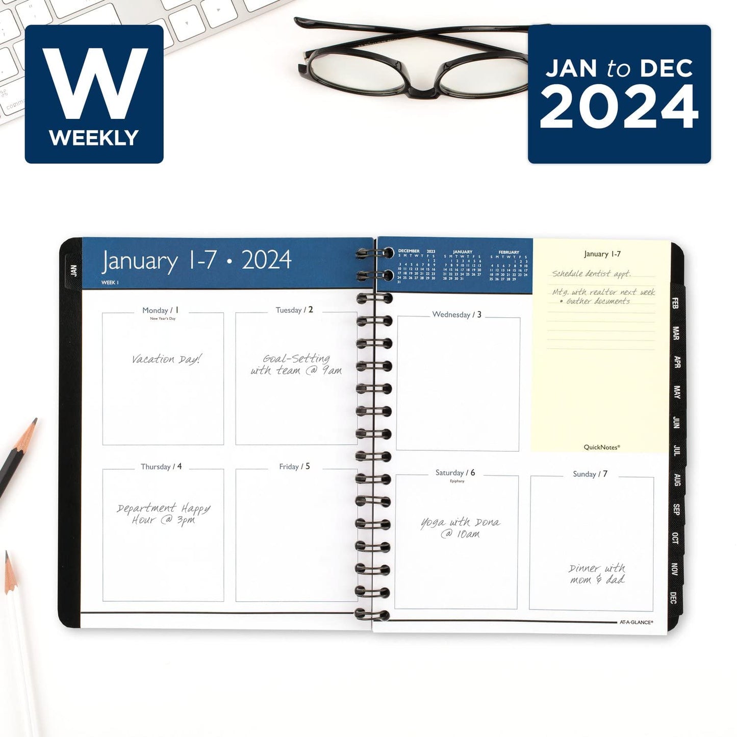 AT-A-GLANCE 2024 Weekly & Monthly Planner, 6-1/2" x 8-3/4", Medium, QuickNotes, Black (7602520524)