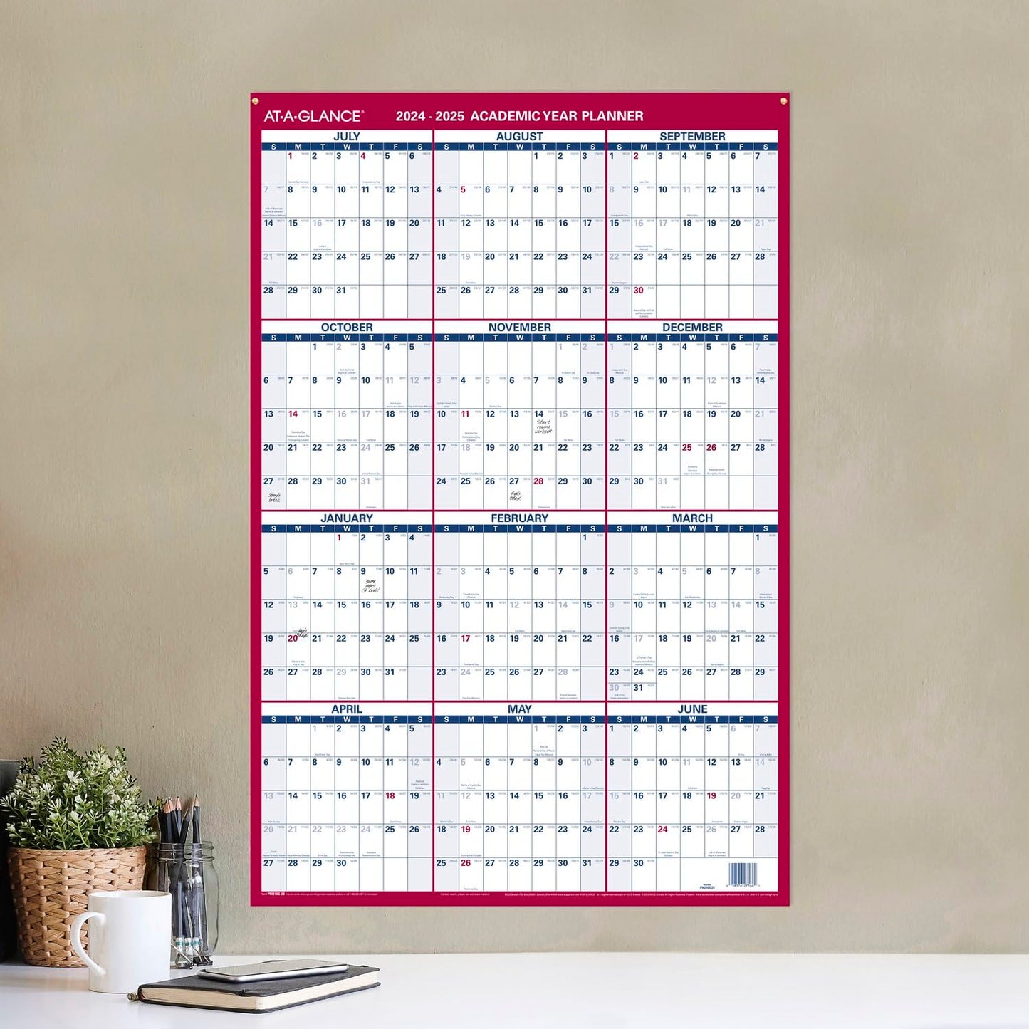 AT-A-GLANCE 2024-2025 Erasable Calendar, Dry Erase Wall Planner, 24" x 36", Large, Academic & Regular Year, Double Sided, Vertical (PM210S2825)