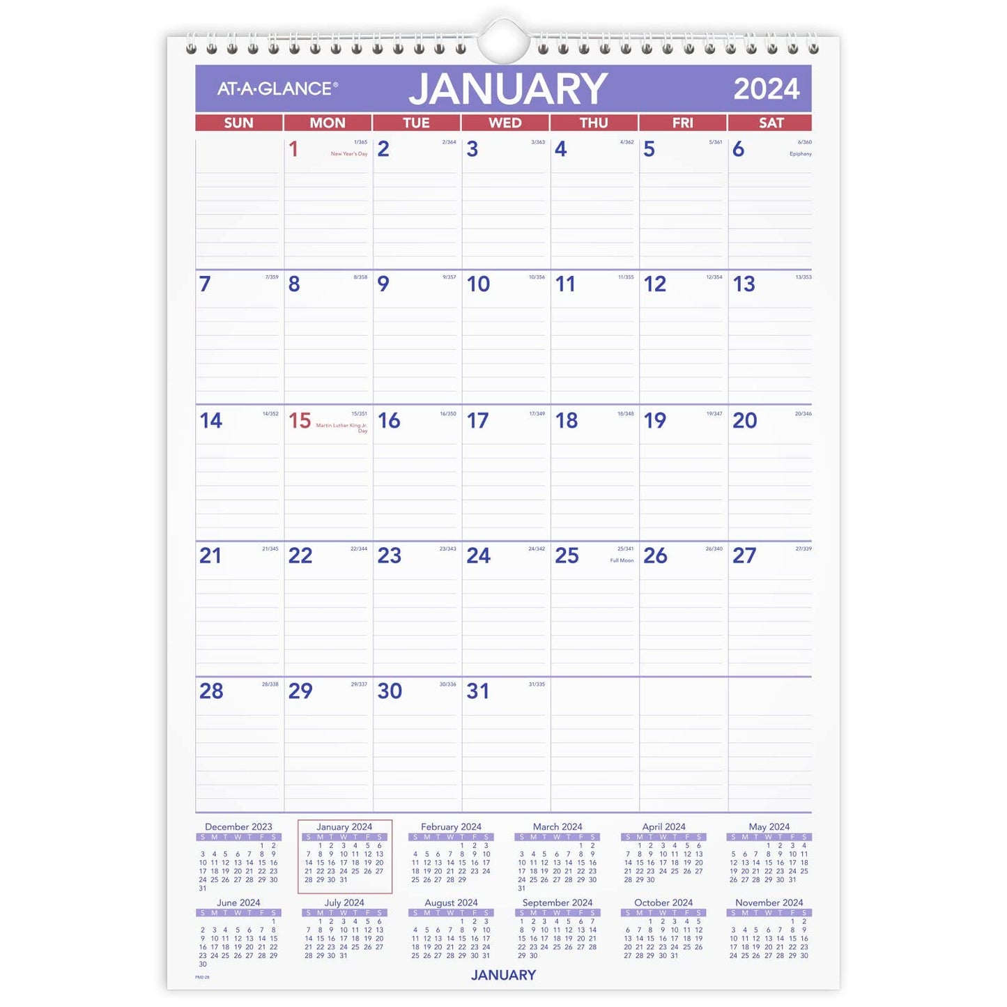 AT-A-GLANCE 2024 Wall Calendar, 12" x 17", Medium Tall, Spiral Bound, Monthly (PM22824)