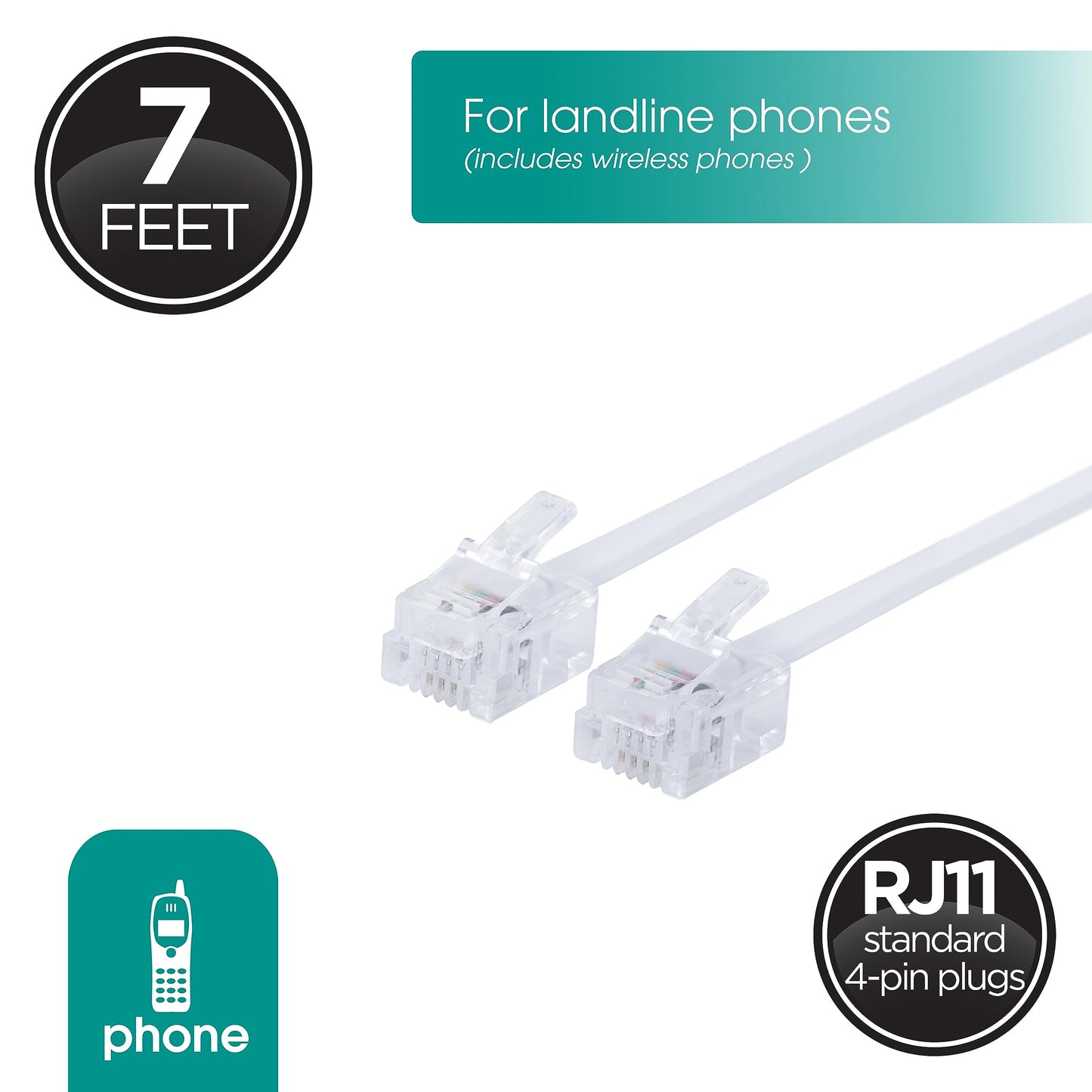 Power Gear Telephone Line Cord, 7 ft (Pack of 10), Phone Cord, Modular Jack Ends, Works for Phone, Modem or Fax Machine, for Use in Home or Office, White, 52233