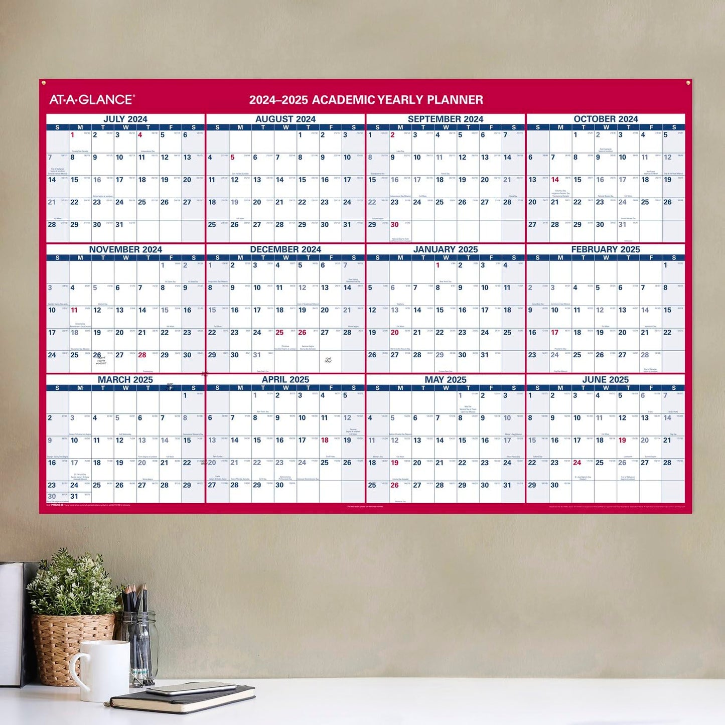 AT-A-GLANCE 2024-2025 Erasable Calendar, Dry Erase Wall Planner, 48" x 32", Extra Large, Academic & Regular Year, Double Sided, Horizontal (PM326S2825)