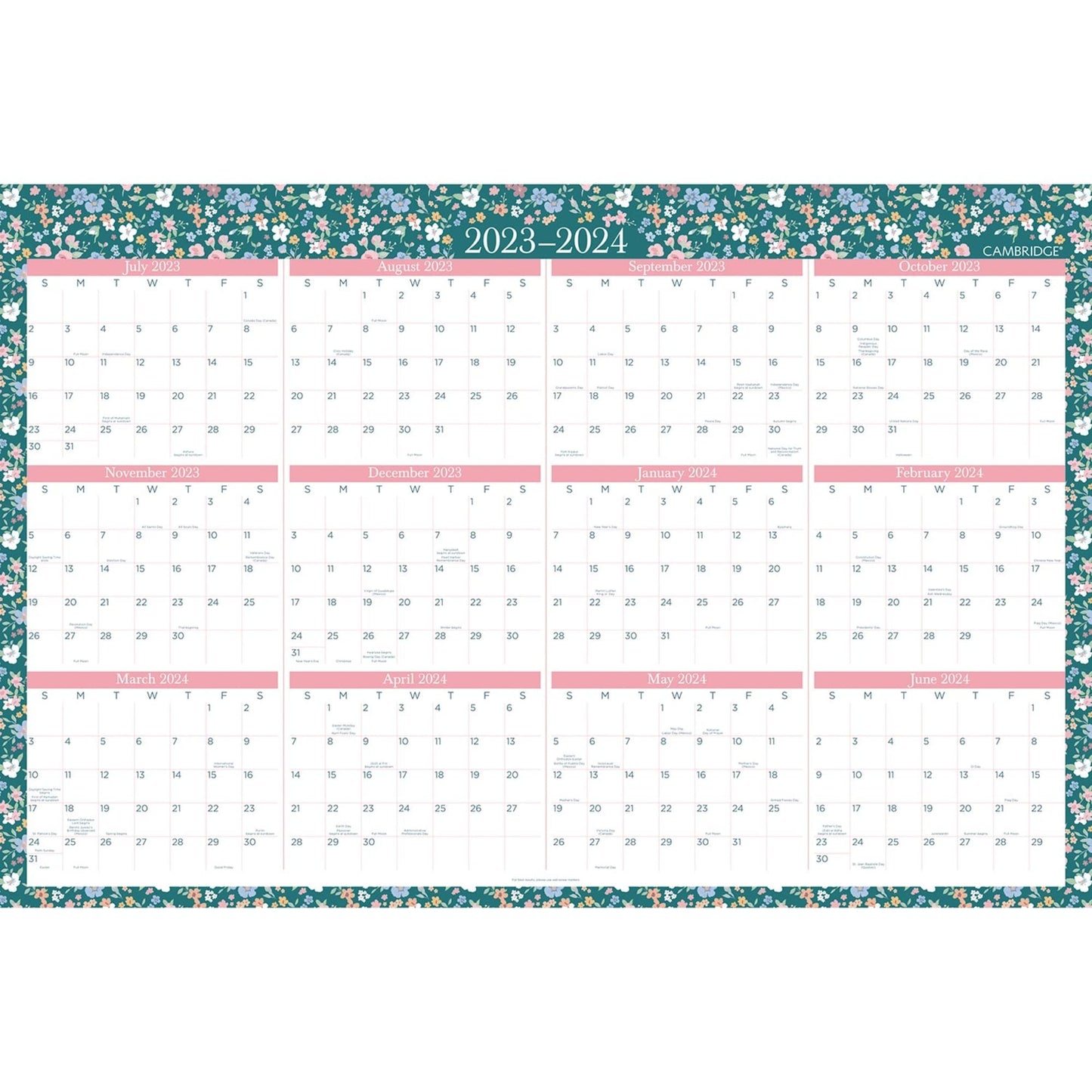 Cambridge 2023-2024 Erasable Wall Calendar, 24" x 36", Large, Academic & Regular Year, Dry Erase, Reversible, Vertical/Horizontal, Pippa (1668-550SB)