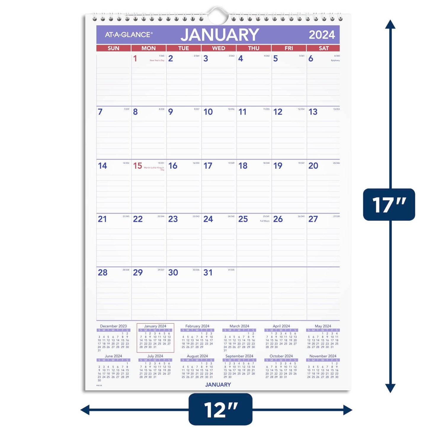 AT-A-GLANCE 2024 Wall Calendar, 12" x 17", Medium Tall, Spiral Bound, Monthly (PM22824)