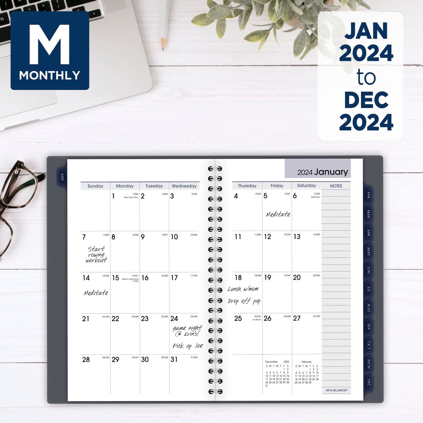 AT-A-GLANCE 2024 Weekly & Monthly Planner, DayMinder, 5" x 8", Small, Spiral Bound, Monthly Tabs, Gray (GC2000724)