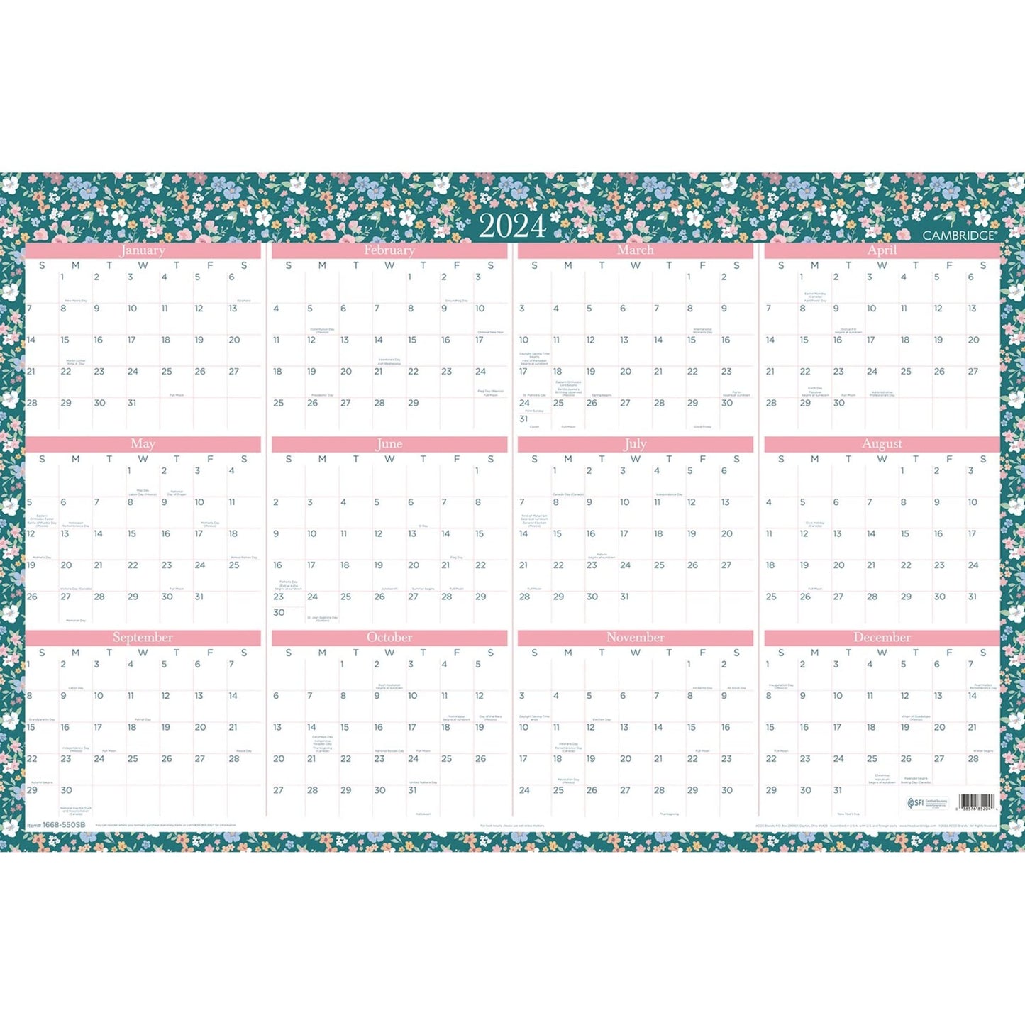 Cambridge 2023-2024 Erasable Wall Calendar, 24" x 36", Large, Academic & Regular Year, Dry Erase, Reversible, Vertical/Horizontal, Pippa (1668-550SB)