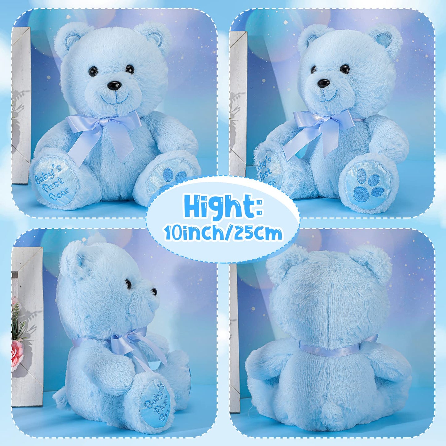 Chalyna 10 Inch Bear Stuffed Animal First Bear Baby Shower Bear Plush Toy for Christmas Party Gift Wedding Birthday(Blue)