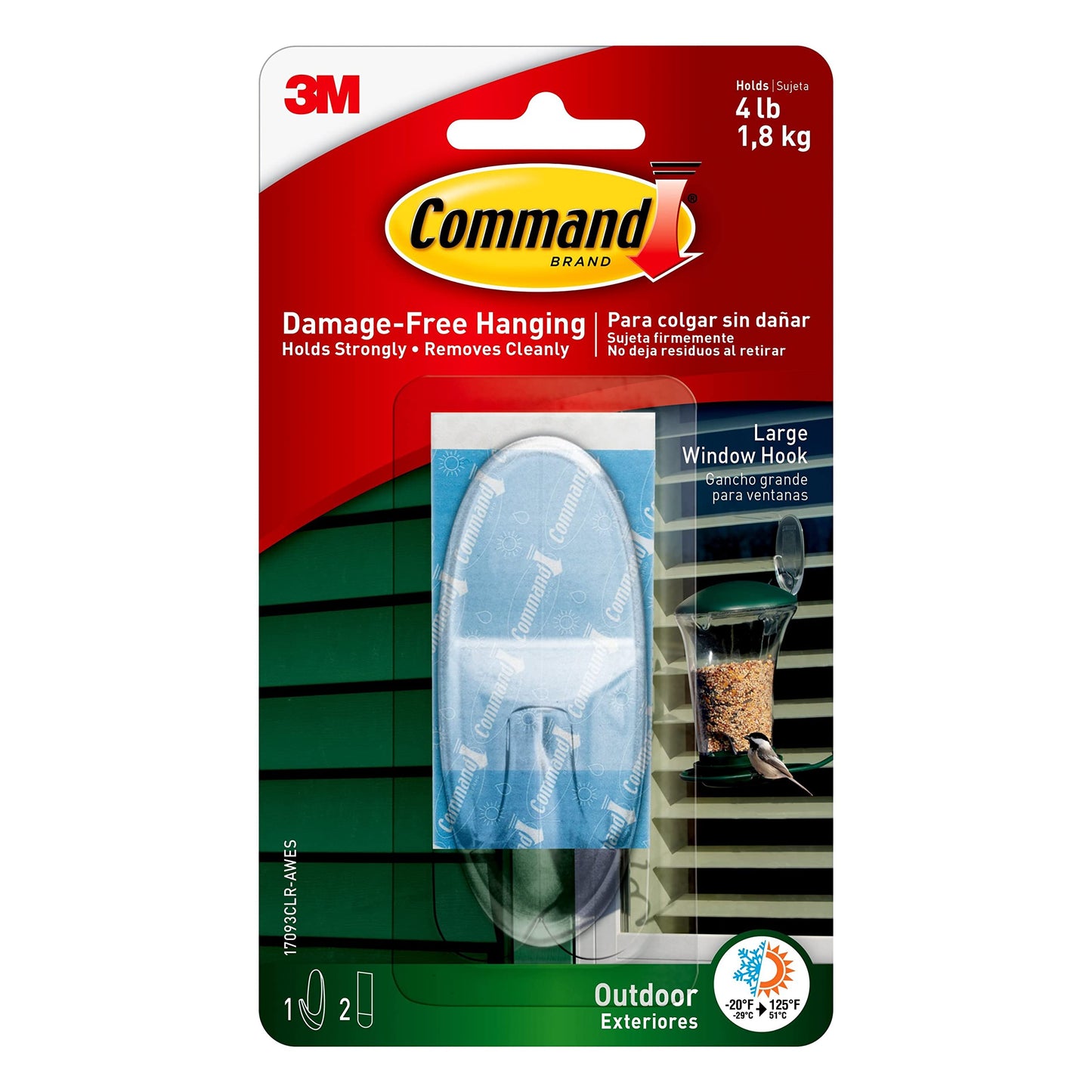 Command Outdoor Large Window Hook, Clear, 1-Hook, 2-Strips, Decorate Damage-Free