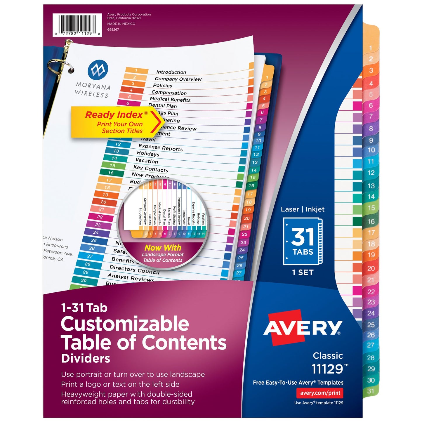 Avery 1-31 Tab Dividers for 3 Ring Binders, Customizable Table of Contents, Multicolor Tabs, 1 Set (11129)