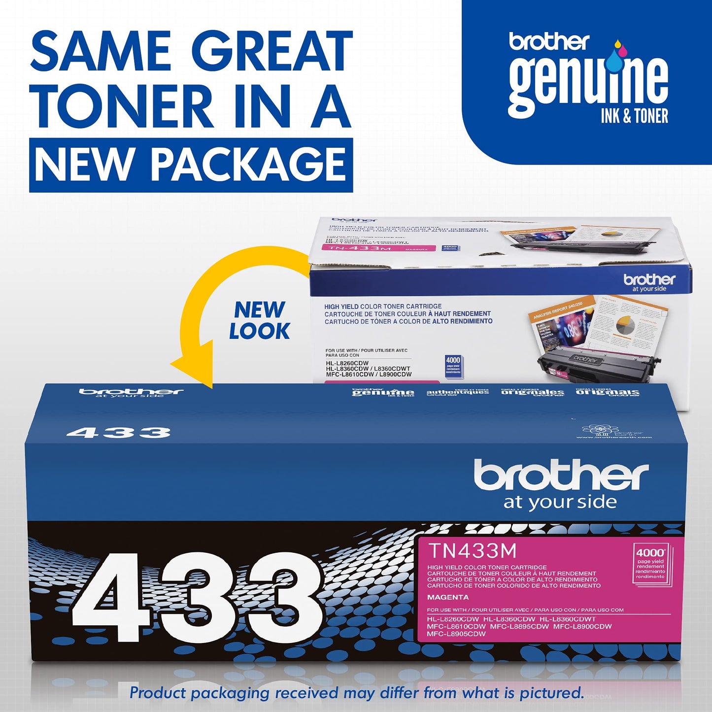 Brother Genuine High Yield Toner Cartridge, TN433M, Replacement Magenta Toner, Page Yield Up to 4,000 Pages, Amazon Dash Replenishment Cartridge, TN433
