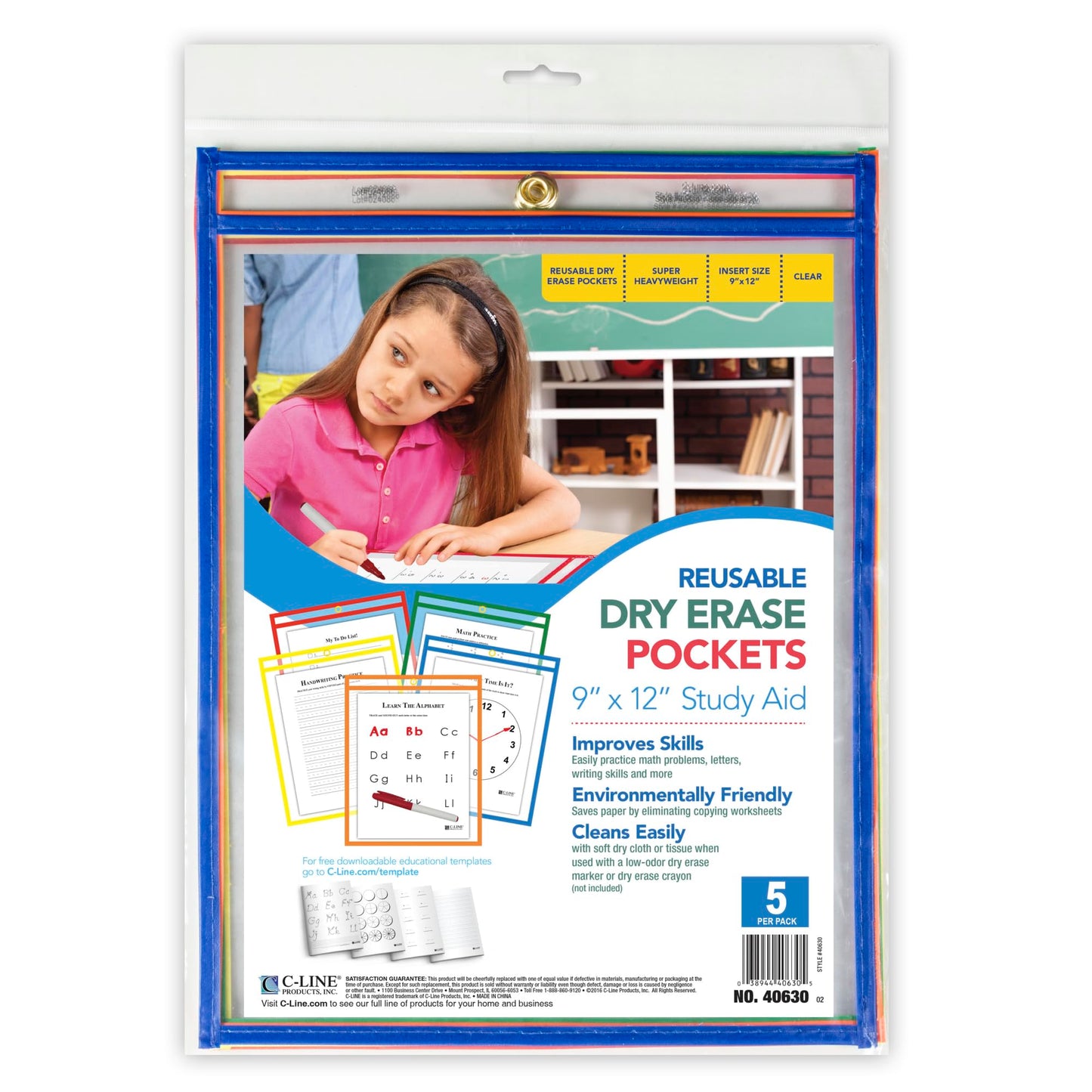 C-Line Reusable Dry-Erase Pockets, 9" x 12", Assorted Colors, Pack Of 5 Pockets