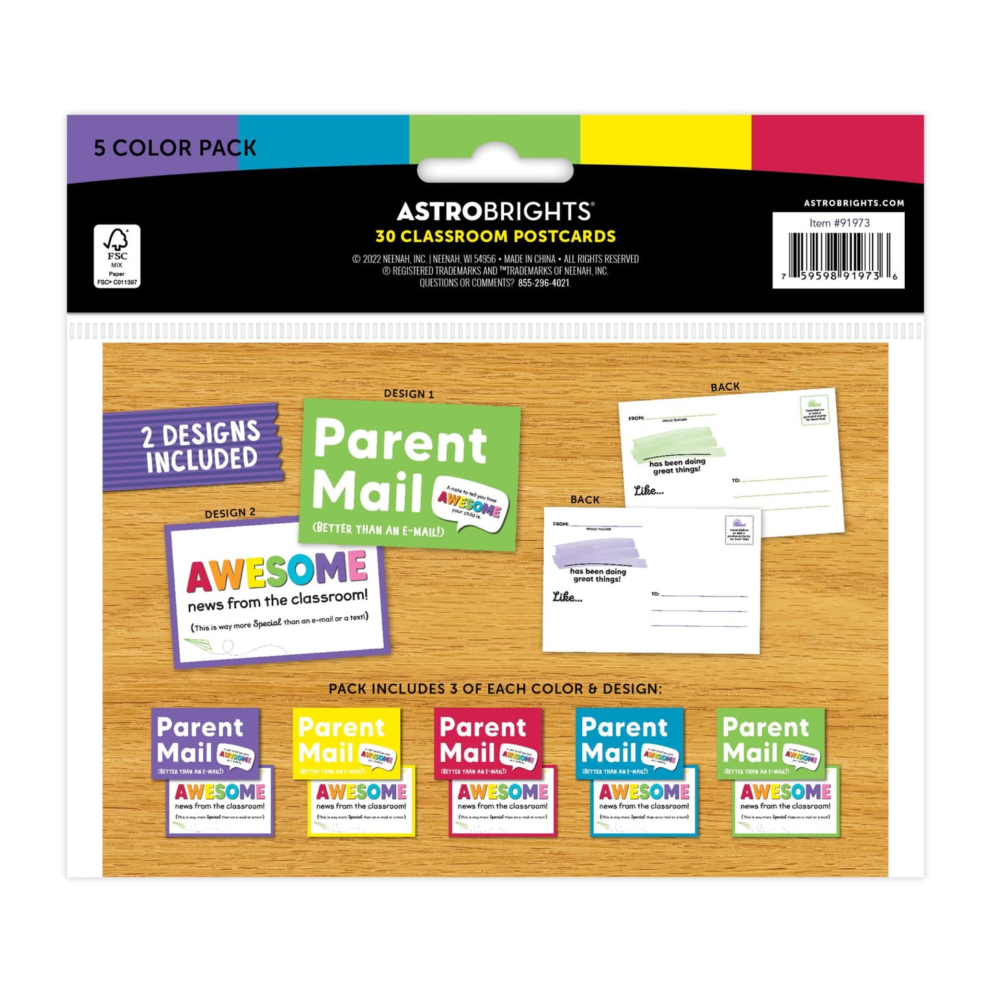 Astrobrights® Parent Postcards, Pre-K to Grade 5, 4" x 6", Multicolor, Pack of 30