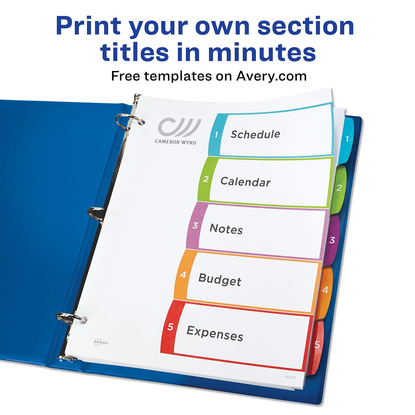 Avery 5 Tab Dividers for 3 Ring Binders, Customizable Table of Contents, Multicolor Tabs, 1 Set (11840) (Pack of 2)