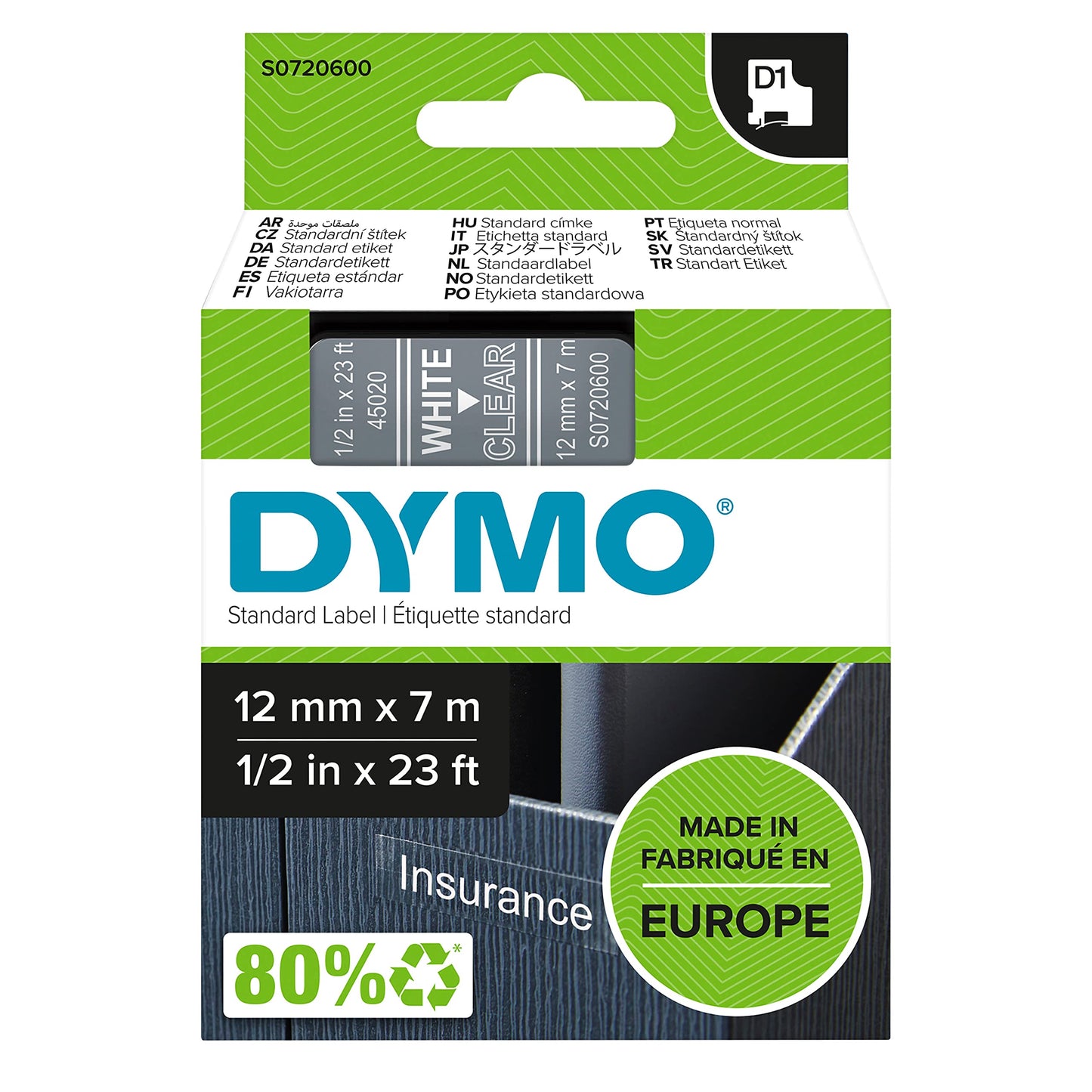 Dymo D1 Standard Labelling Tape 12mm x 7m - White on Transparent
