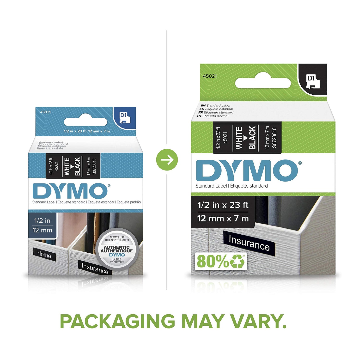 DYMO Black Tape w White Printing, 1/2in X 23ft, D1 Style Cartridge
