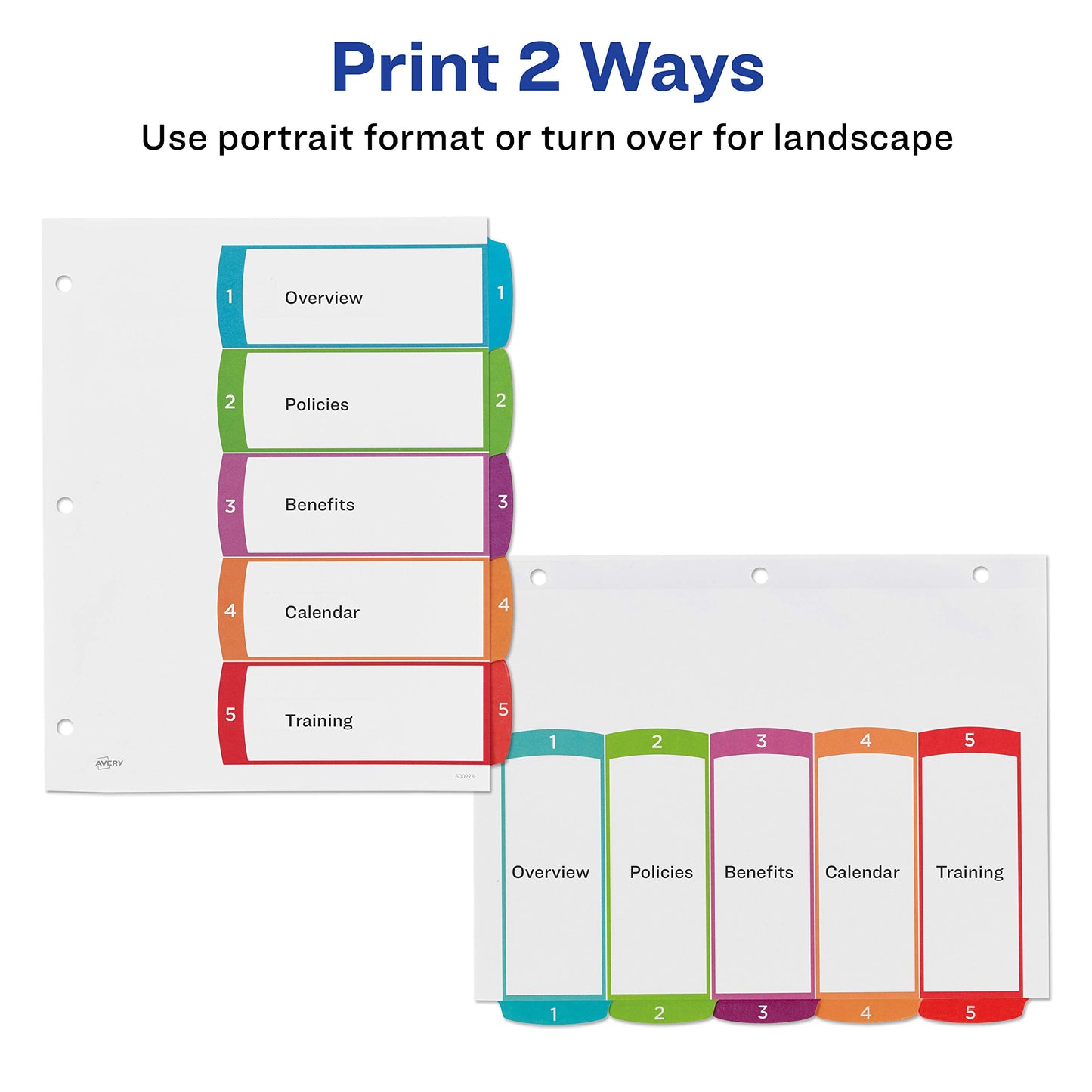 Avery 5 Tab Dividers for 3 Ring Binders, Customizable Table of Contents, Multicolor Tabs, 1 Set (11840) (Pack of 2)