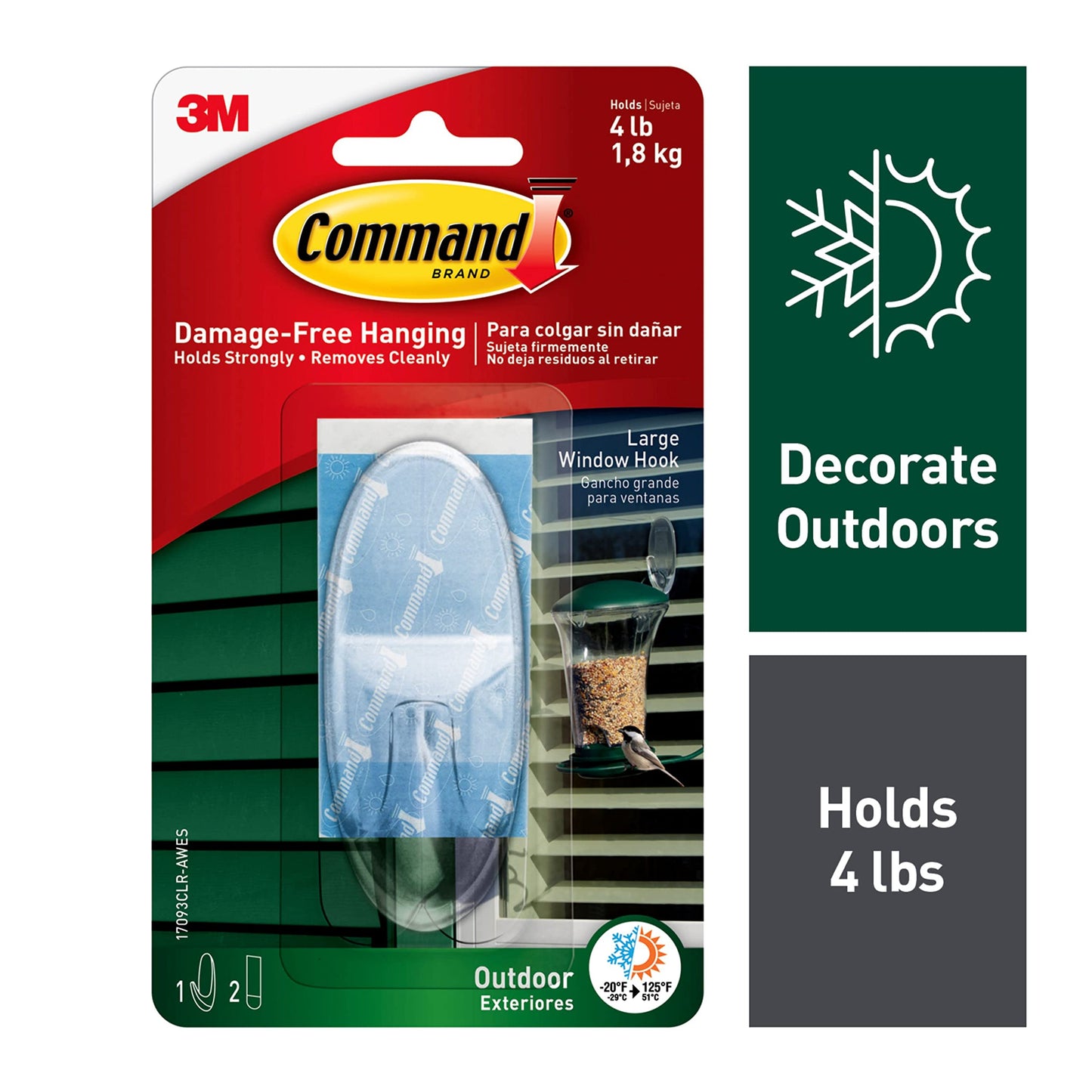 Command Outdoor Large Window Hook, Clear, 1-Hook, 2-Strips, Decorate Damage-Free