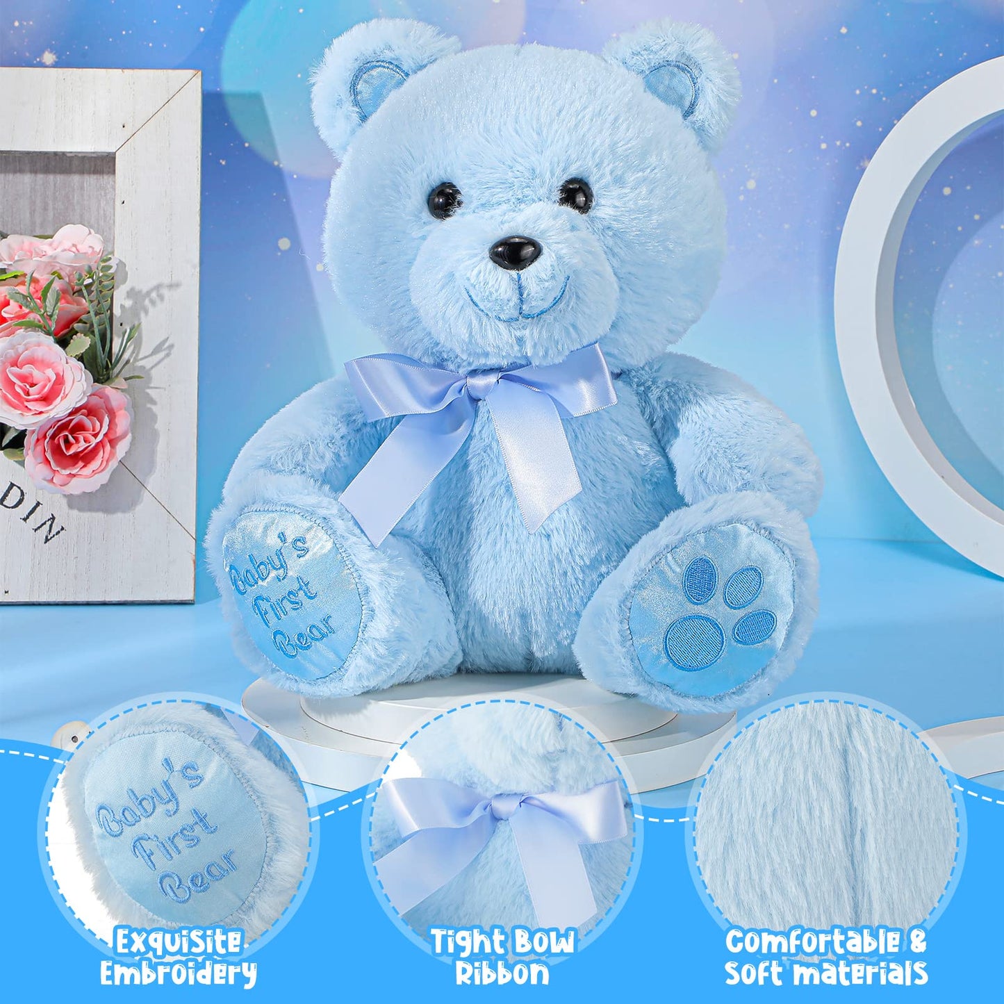 Chalyna 10 Inch Bear Stuffed Animal First Bear Baby Shower Bear Plush Toy for Christmas Party Gift Wedding Birthday(Blue)