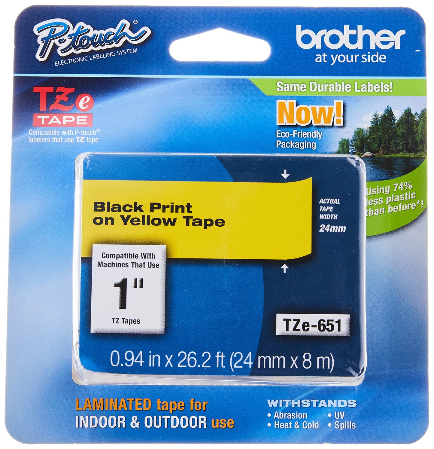 Brother Genuine P-Touch TZE-651 Tape, 1" (24 mm) Standard Laminated P-Touch Tape, Black on Yellow, for Indoor or Outdoor Use, Water-Resistant, 26.2 ft (8 m), Single-Pack, TZE651, 24mm