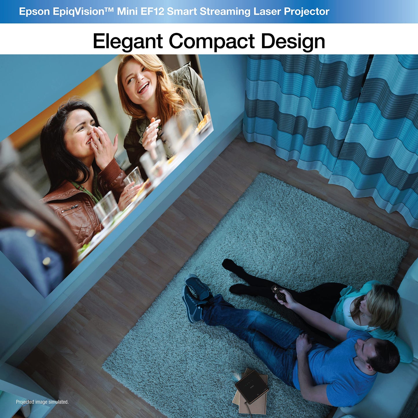 Epson EpiqVision Mini EF12 Smart Streaming Laser Projector, HDR, Android TV, Movies, Family Gaming, Portable, sound by Yamaha, 3LCD, Full HD 1080p, 1000 lumens Color & White Brightness Bluetooth Black