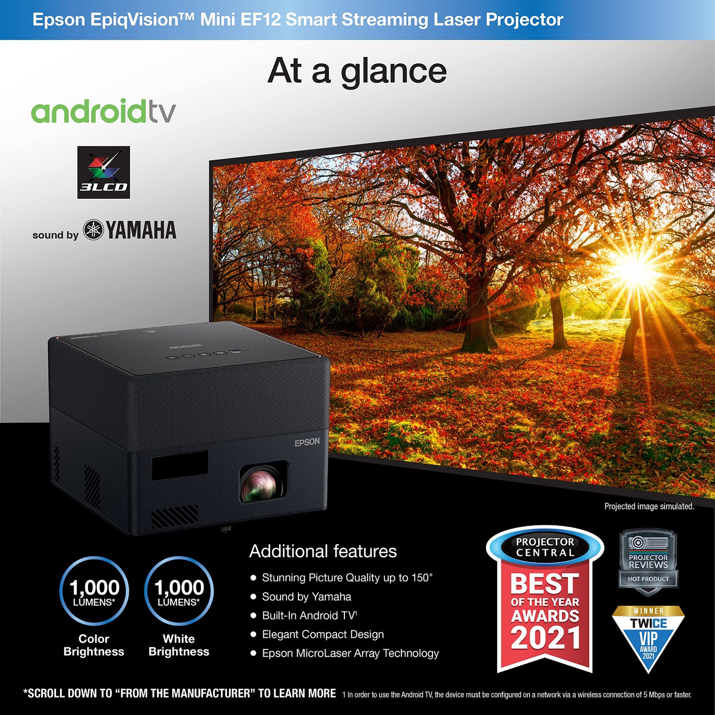 Epson EpiqVision Mini EF12 Smart Streaming Laser Projector, HDR, Android TV, Movies, Family Gaming, Portable, sound by Yamaha, 3LCD, Full HD 1080p, 1000 lumens Color & White Brightness Bluetooth Black