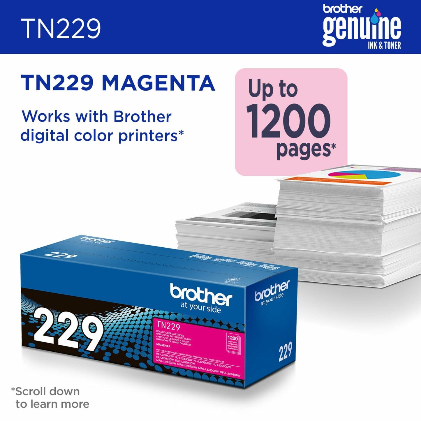 Brother Genuine TN229M Magenta Standard Yield Printer Toner Cartridge - Print up to 1,200 Pages(1)