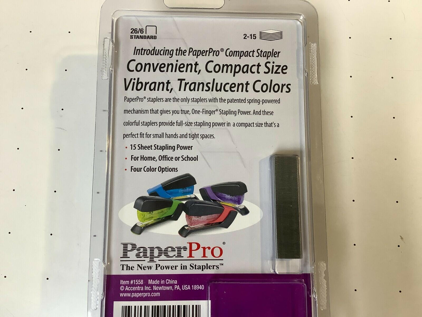 Paper Pro Compact Stapler 15 Sheet, One Finger Stapling BLACK BLUE - OPEN BOX