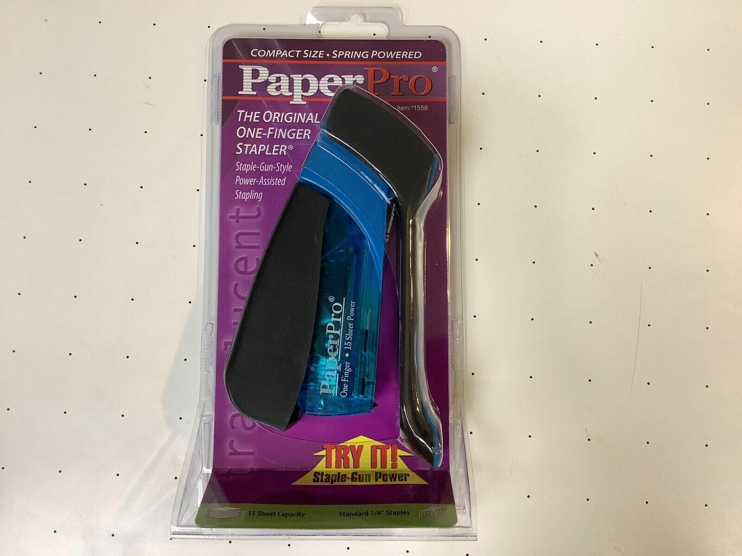Paper Pro Compact Stapler 15 Sheet, One Finger Stapling BLACK BLUE - OPEN BOX