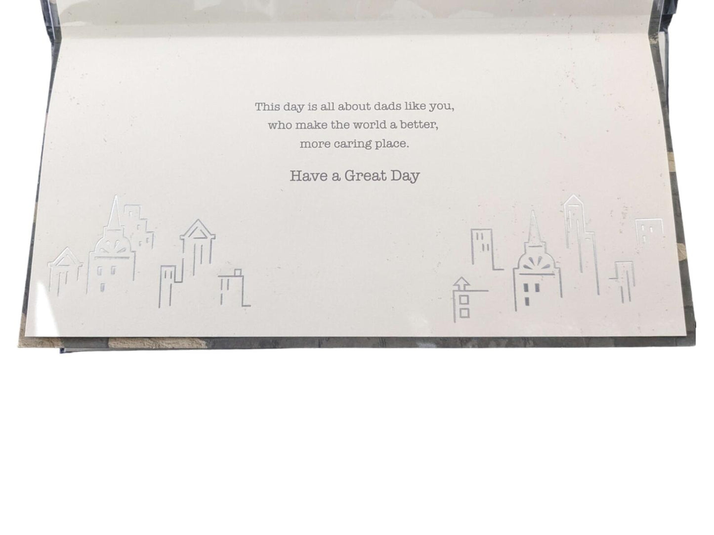 "Happy dads day" Cool metallic fathers day card, highrise buildings.