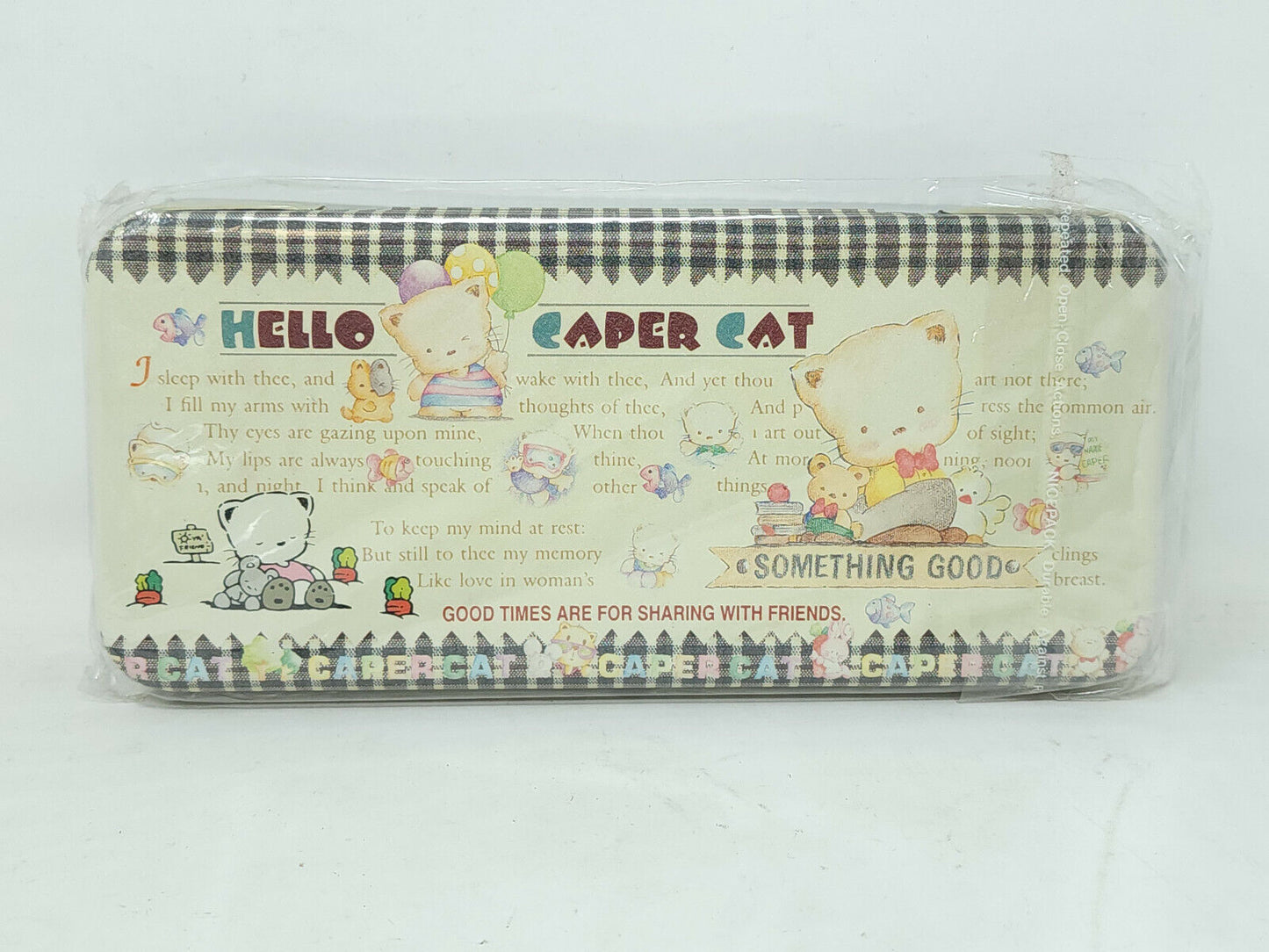 DAINTY VTG 80's HELLO CAPER CAT - Metal pencil case - 4" x 8" - NEW OLD STOCK