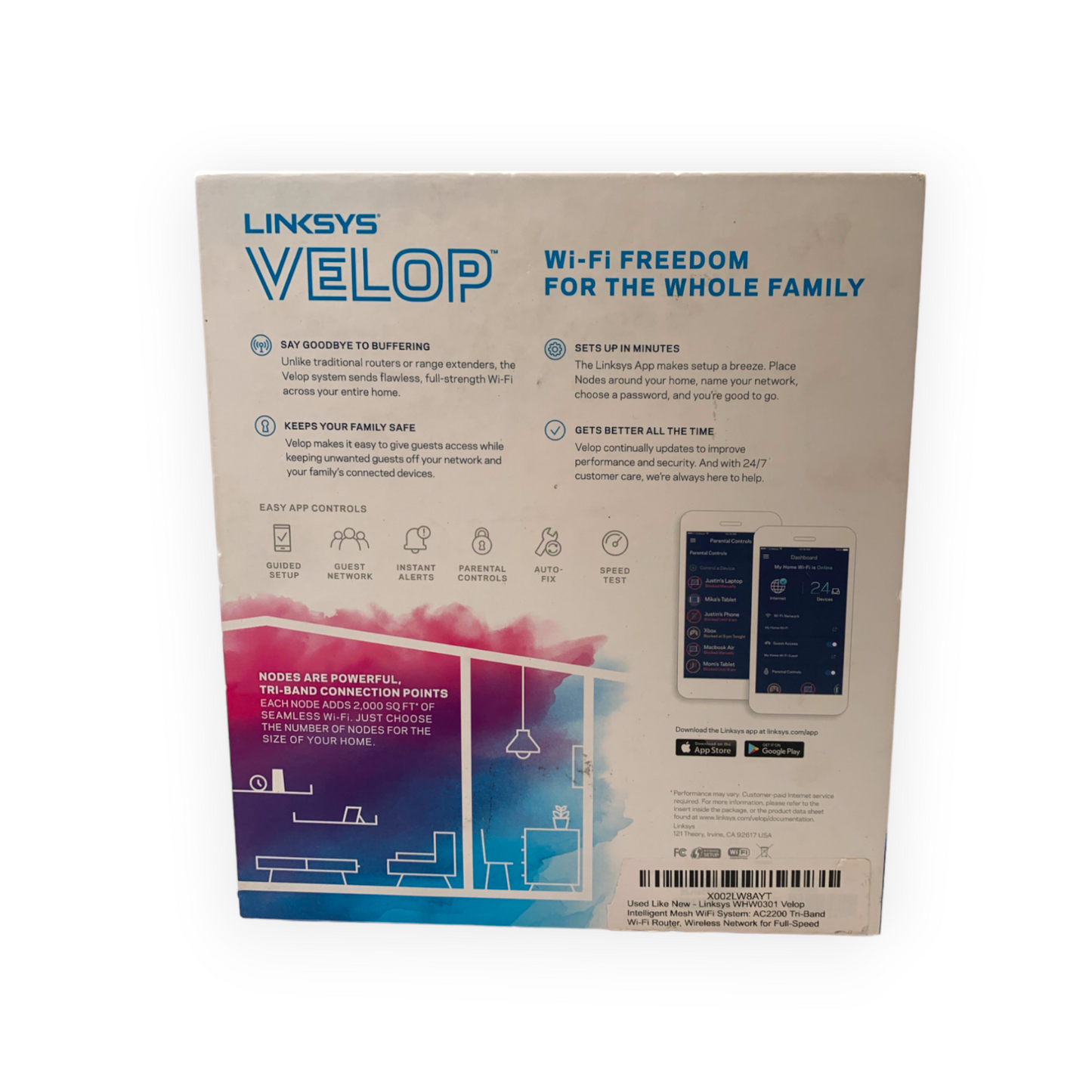 Linksys AC2200 Router WHW0301 Velop Whole Home Mesh Wi-fi System, (Defective)