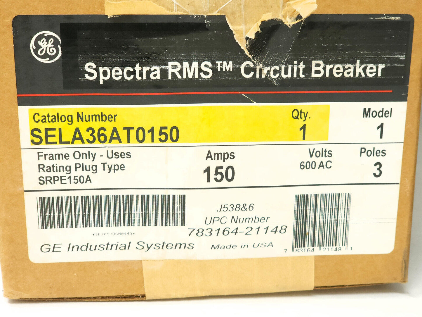 General Electric SELA36AT0150 3-P 150A Spectra 65kAIC 480V Circuit Breaker- READ