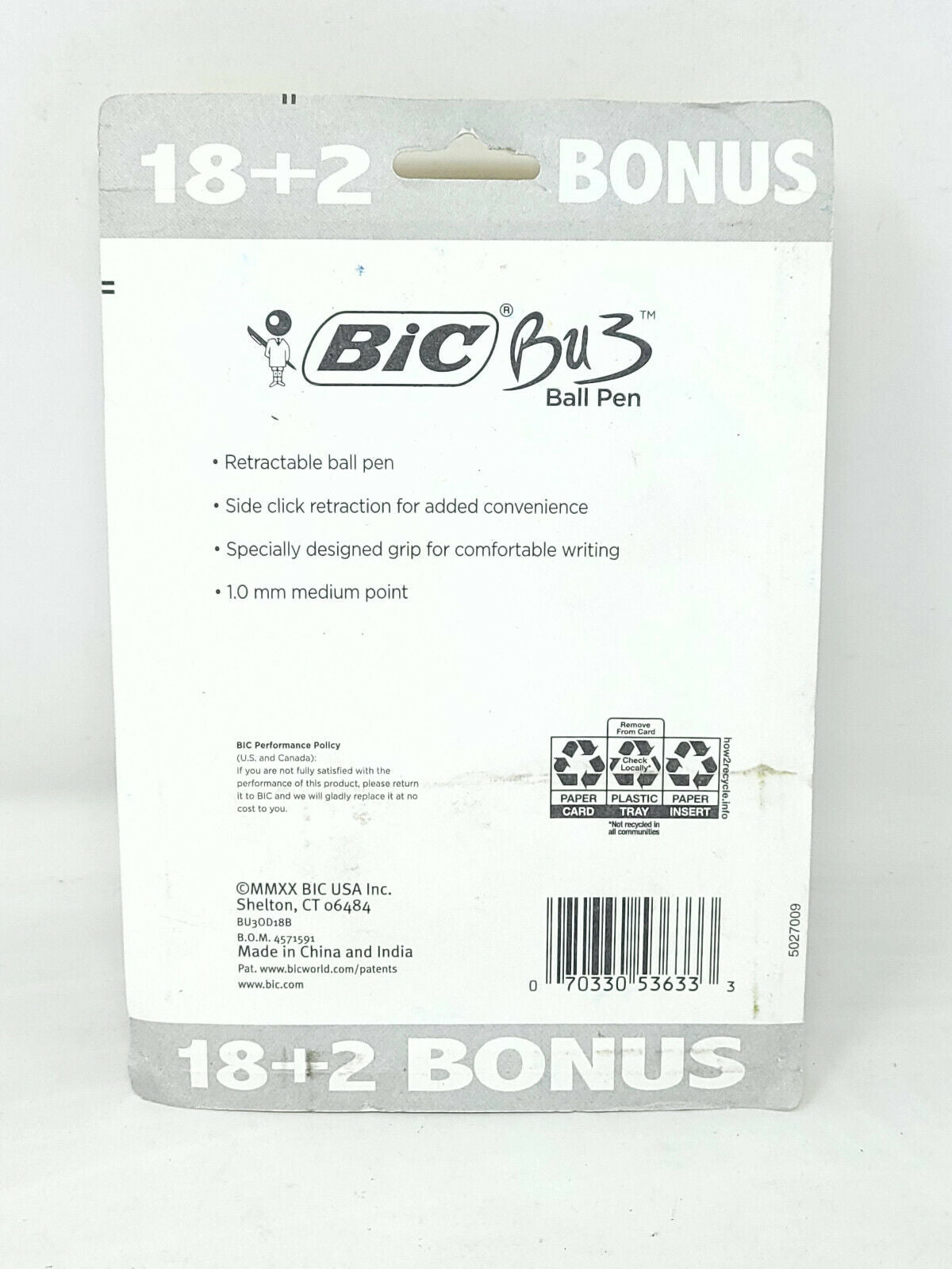 BIC BU3 Grip Retractable Ballpoint Pen Medium Point (1.0mm) Red/Blue/Black 18+2