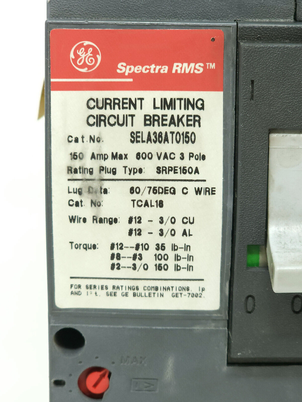 General Electric SELA36AT0150 3-P 150A Spectra 65kAIC 480V Circuit Breaker- READ