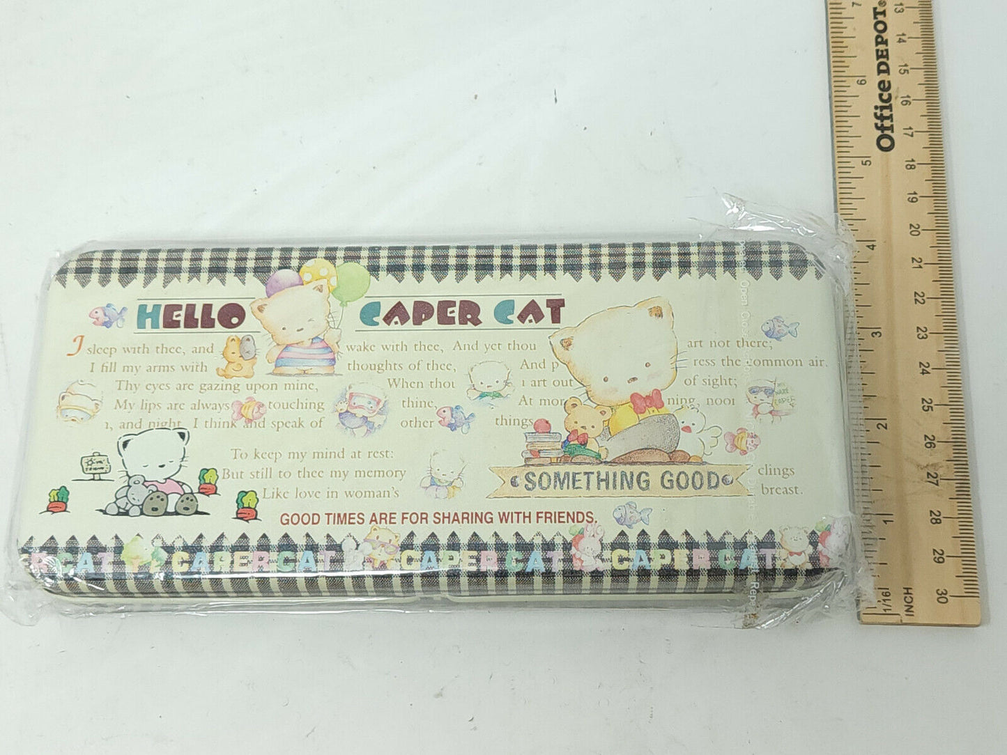 DAINTY VTG 80's HELLO CAPER CAT - Metal pencil case - 4" x 8" - NEW OLD STOCK